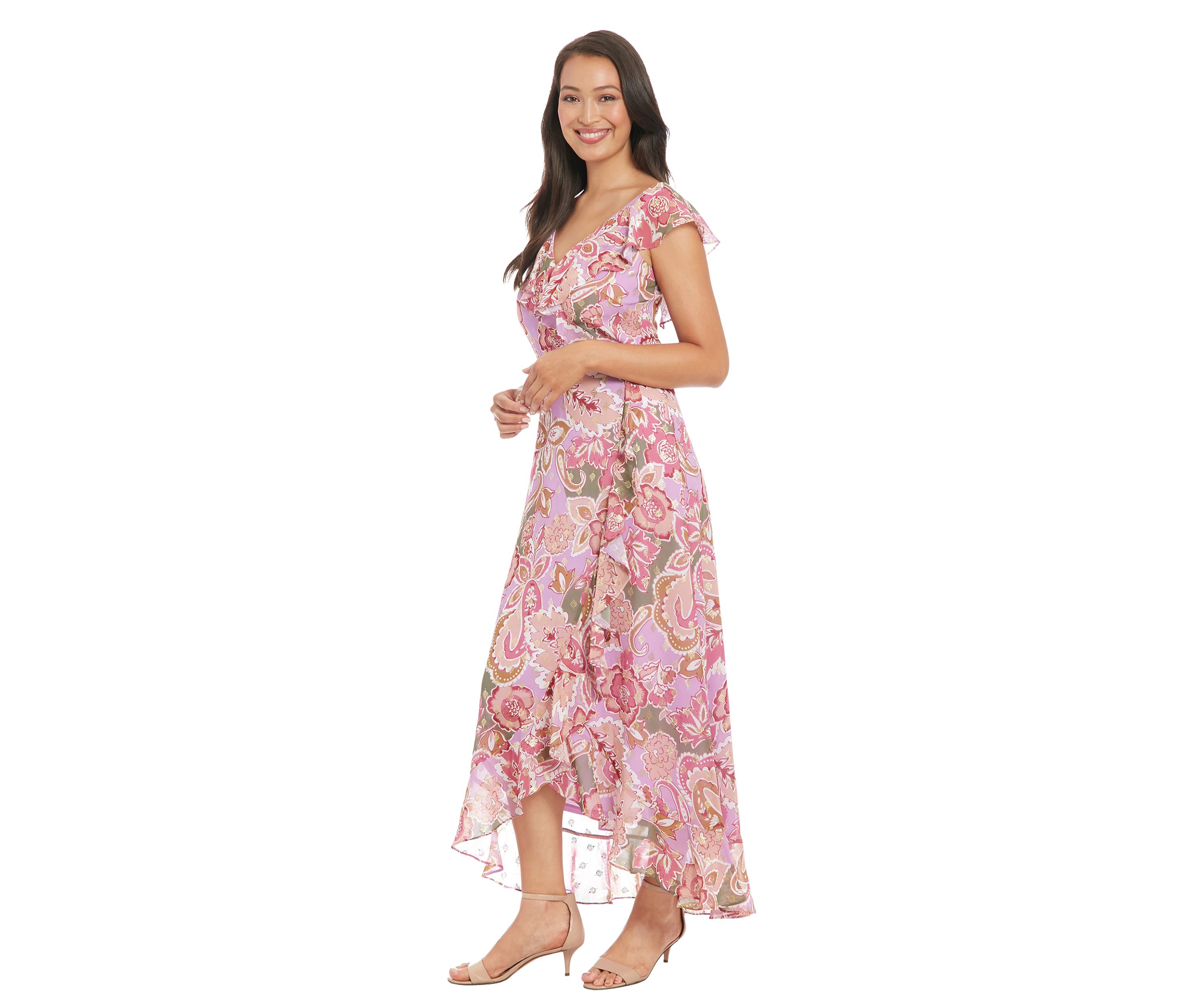 Womens Pebble Batik Gold Foil Ruffle Wrap Maxi Dress