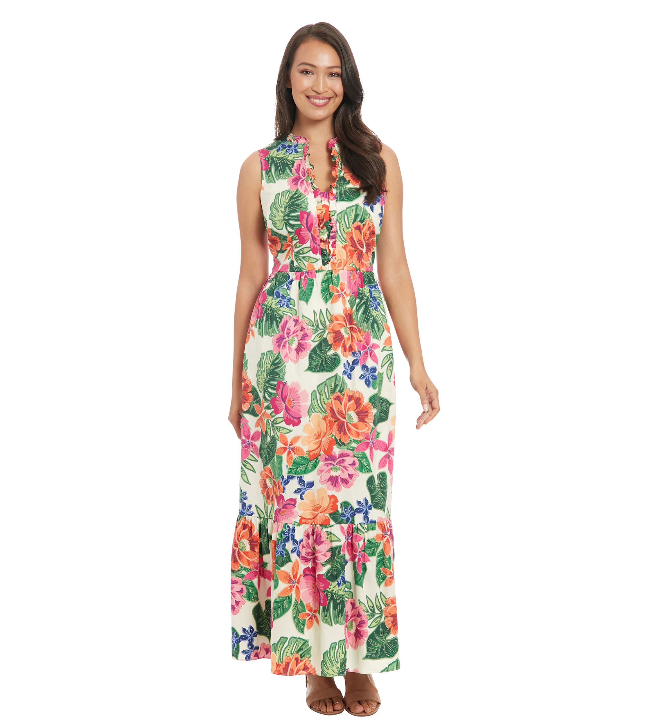 Womens Sleeveless Mock Neck Floral Print Maxi Dress