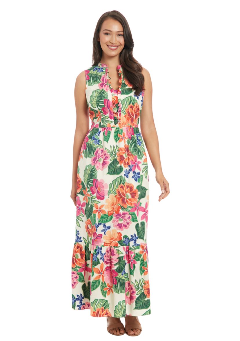 Womens Sleeveless Mock Neck Floral Print Maxi Dress