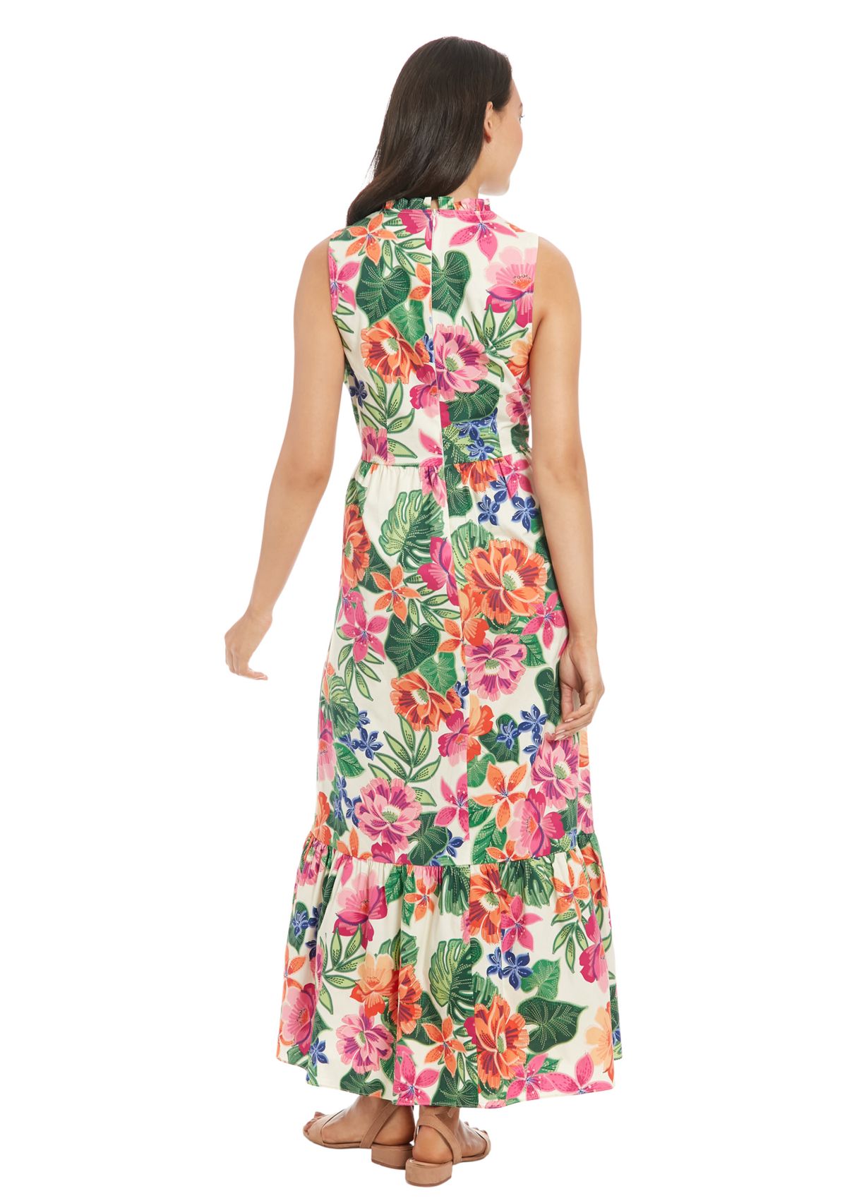 Womens Sleeveless Mock Neck Floral Print Maxi Dress