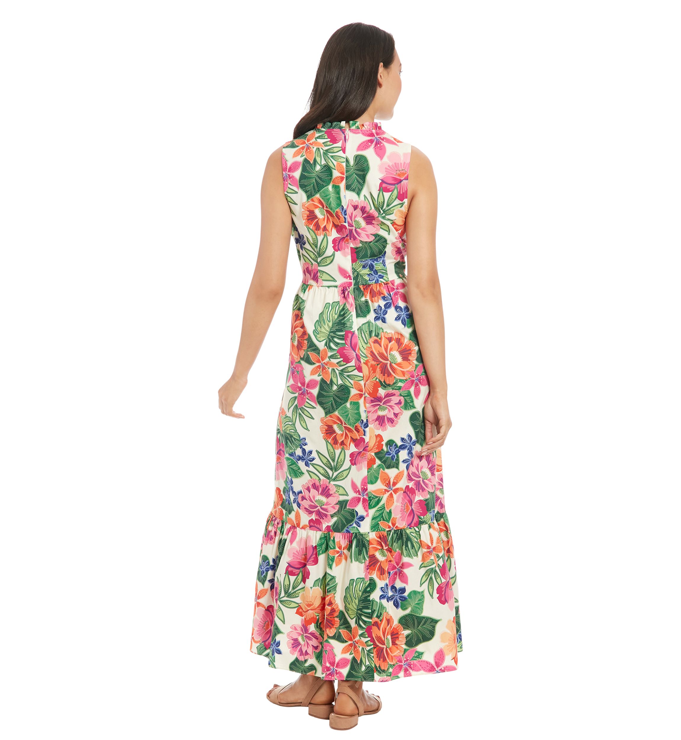 Womens Sleeveless Mock Neck Floral Print Maxi Dress