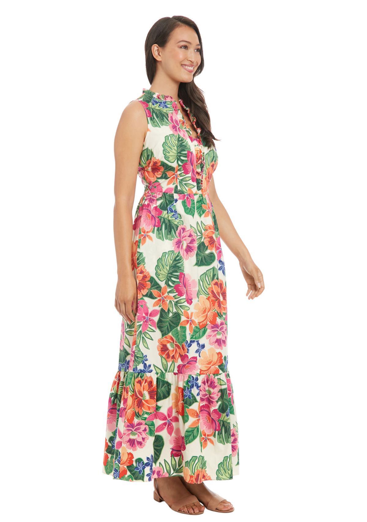 Womens Sleeveless Mock Neck Floral Print Maxi Dress