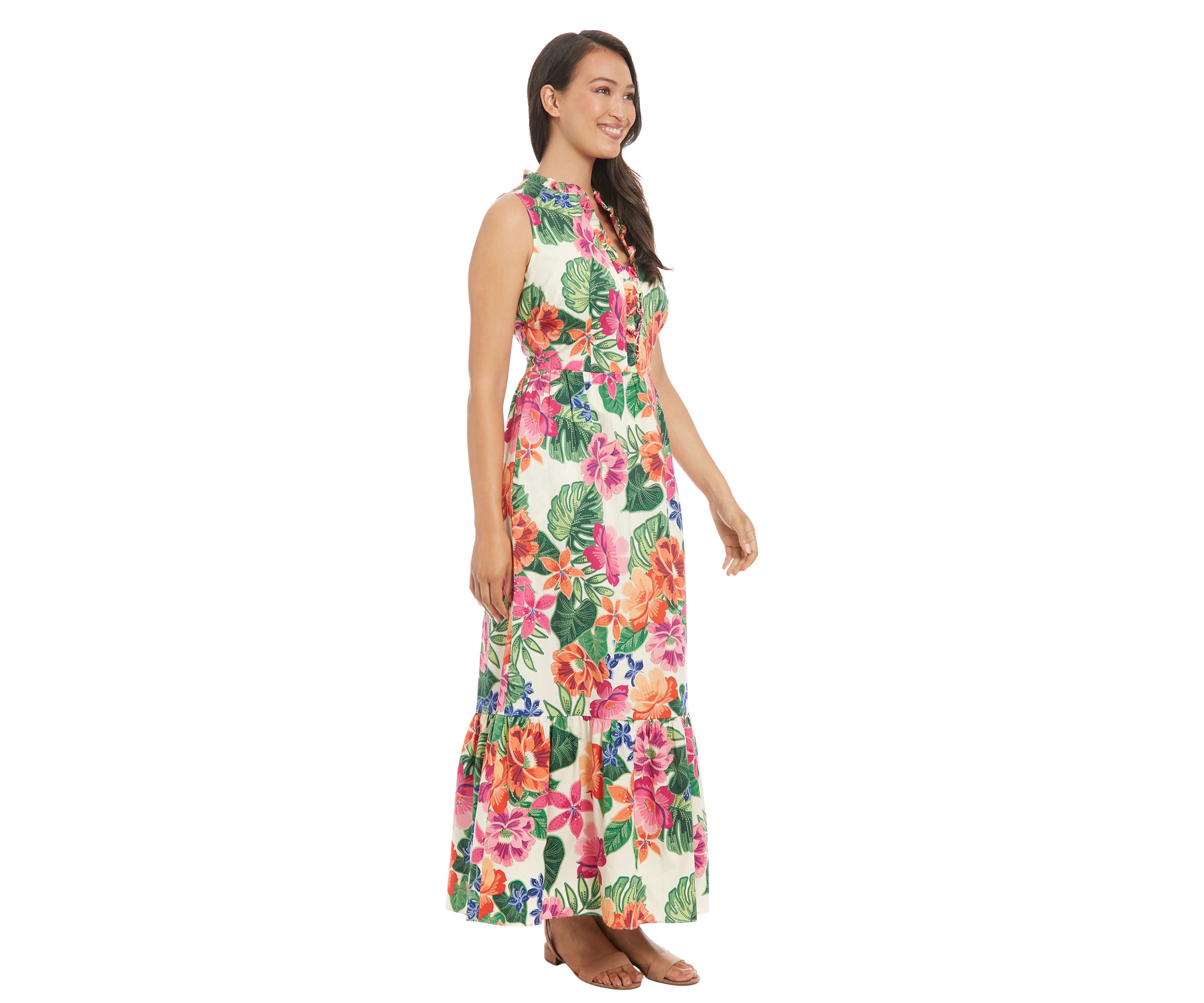 Womens Sleeveless Mock Neck Floral Print Maxi Dress