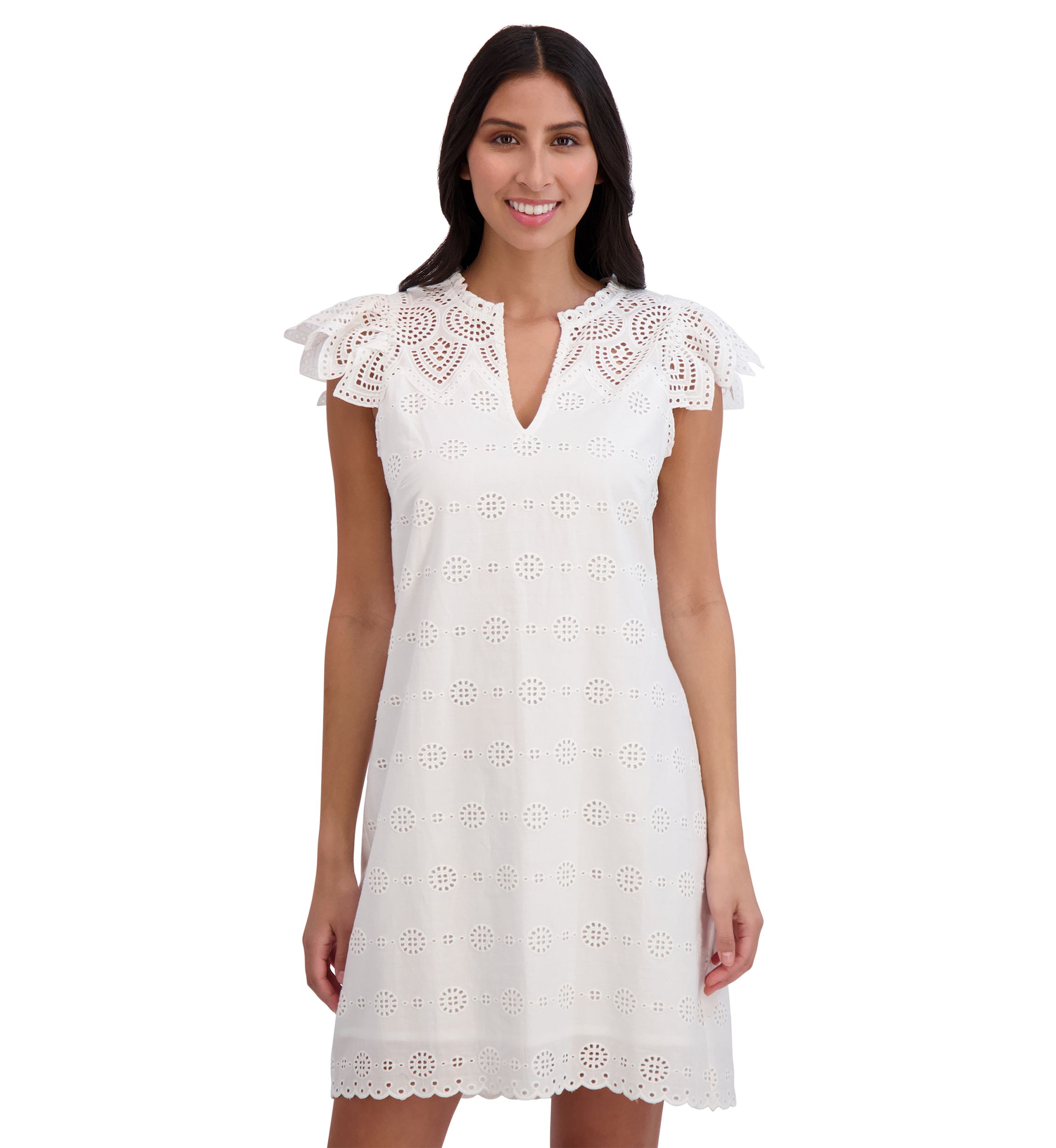 London Times Ruffle Split Neck Ruffle Sleeve Shift Dress | Belk