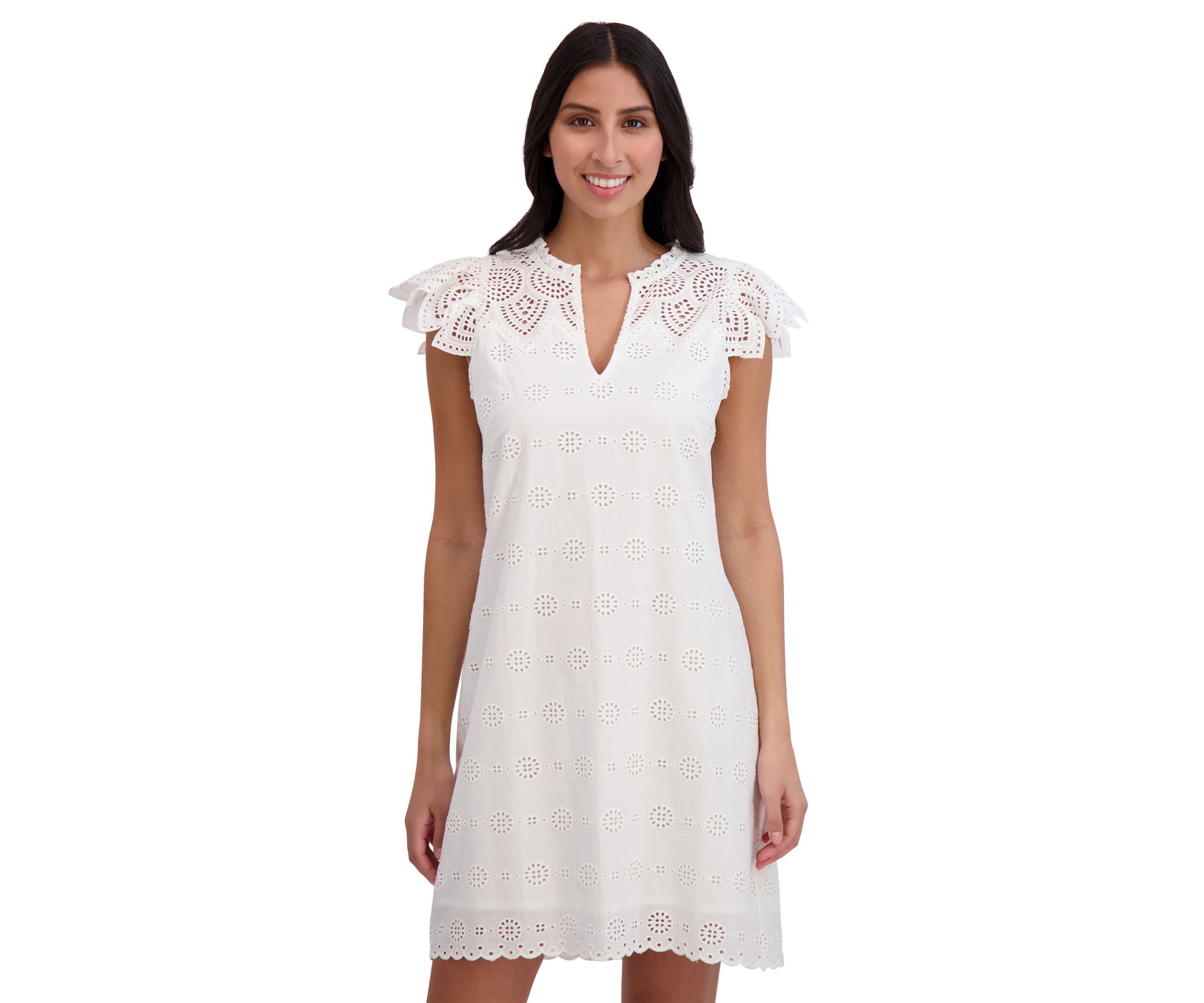 Ruffle Split Neck Ruffle Sleeve Shift Dress
