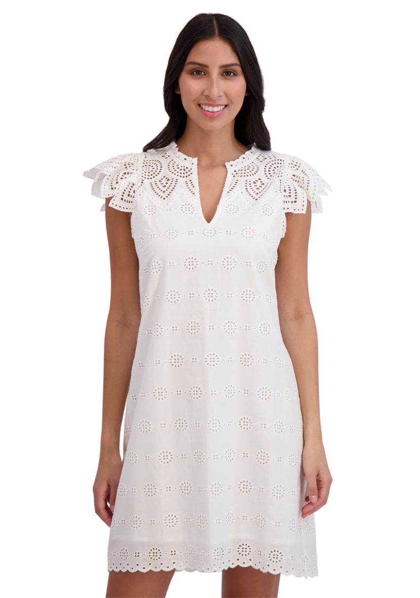 Ruffle Split Neck Ruffle Sleeve Shift Dress