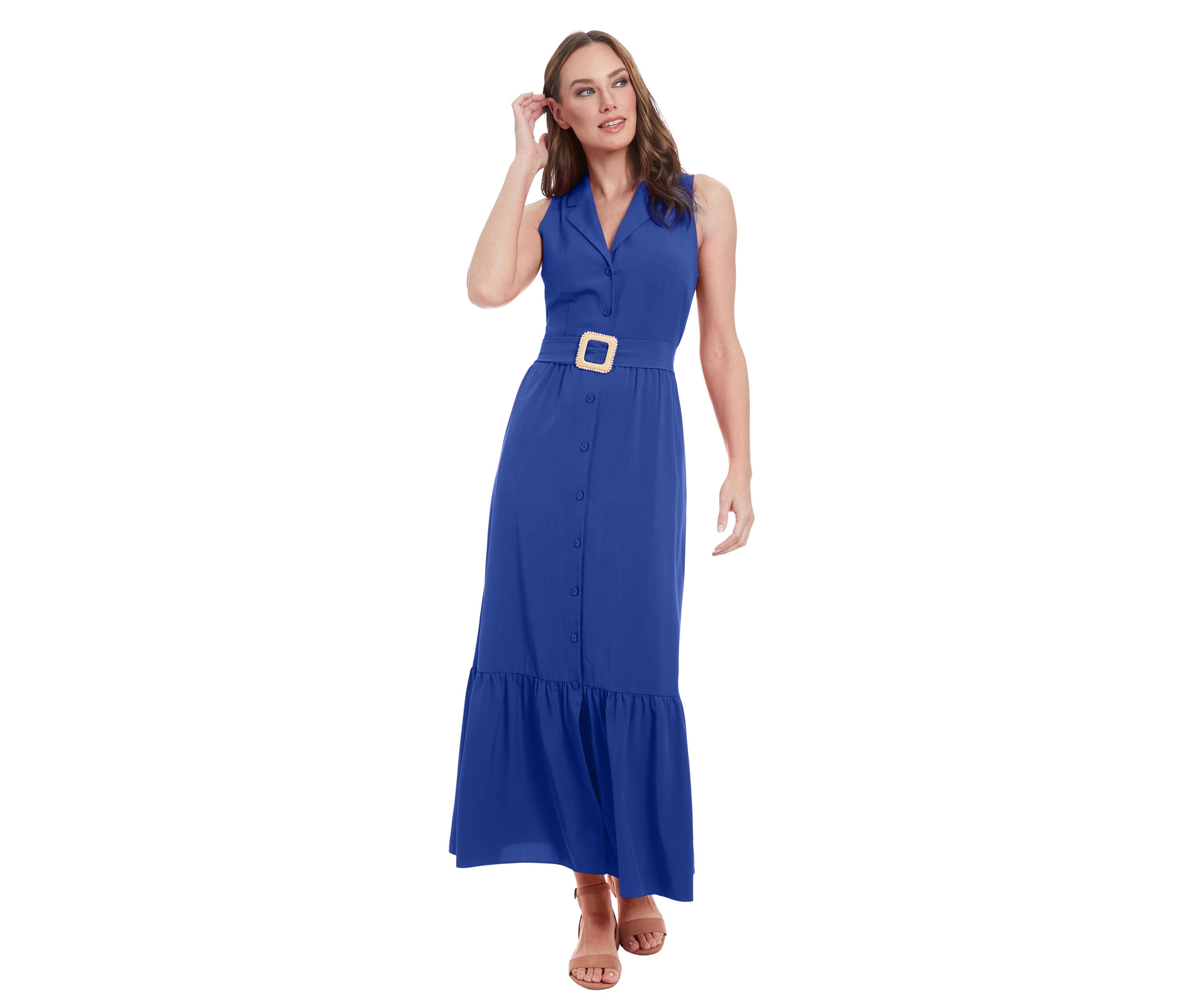 Womens Sleeveless V-Neck Belted Dress