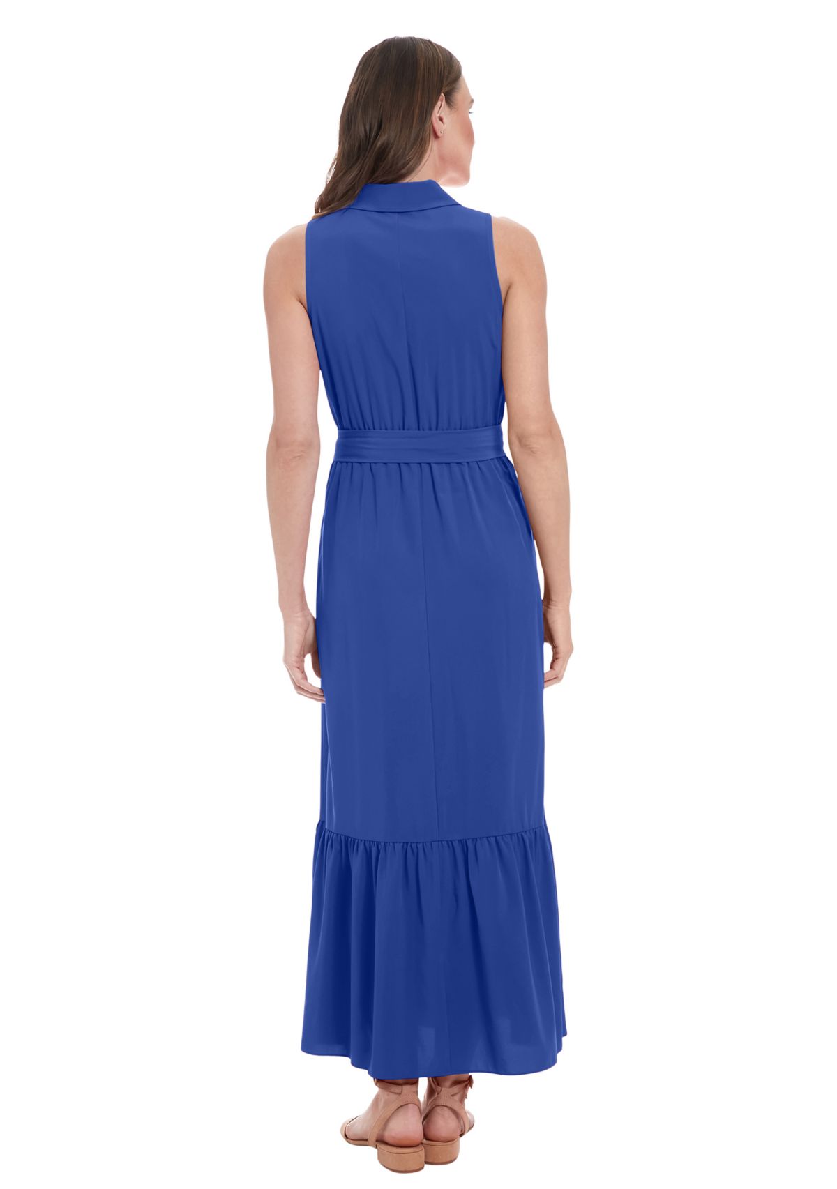 Womens Sleeveless V-Neck Belted Dress