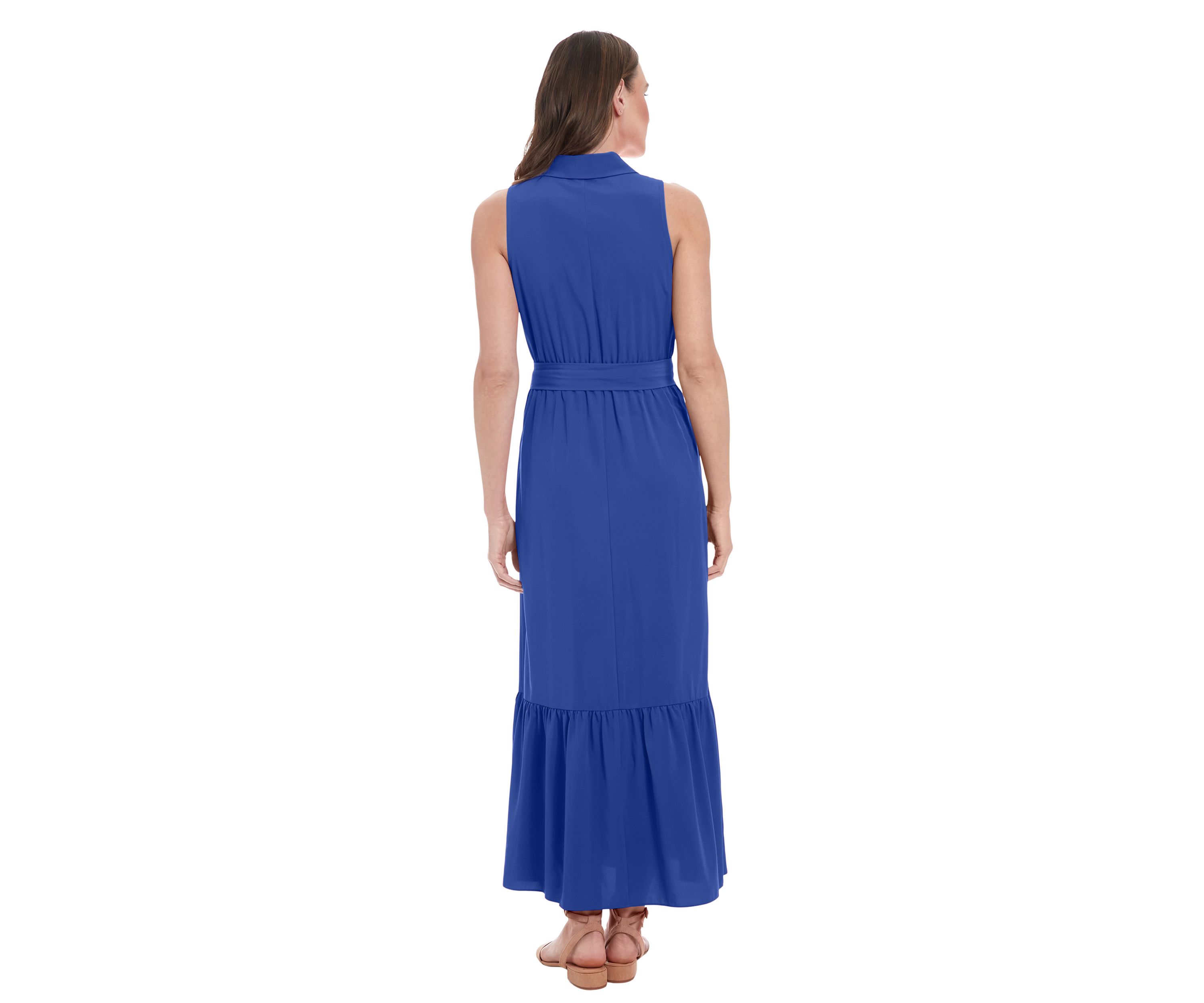 Womens Sleeveless V-Neck Belted Dress