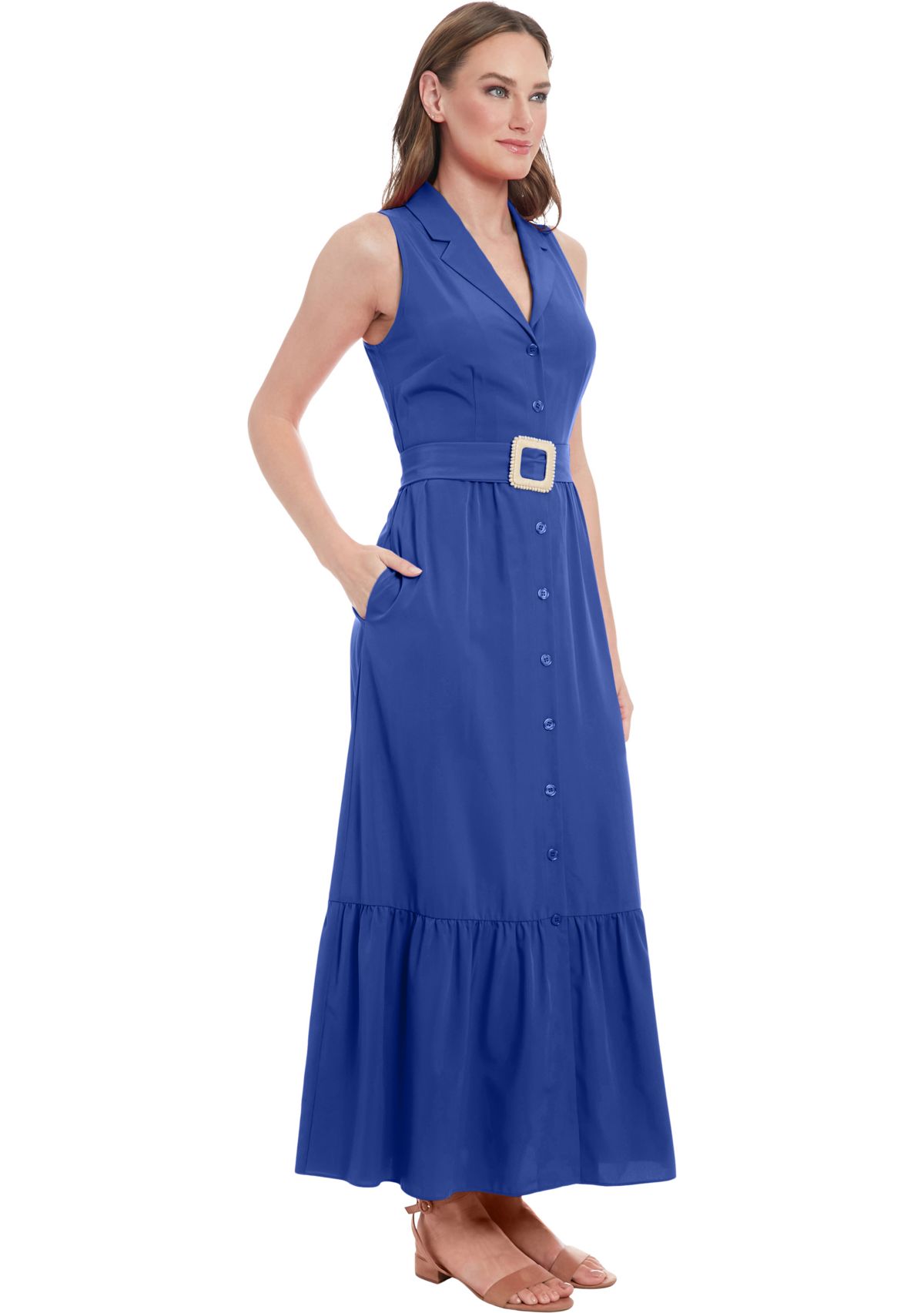 Womens Sleeveless V-Neck Belted Dress