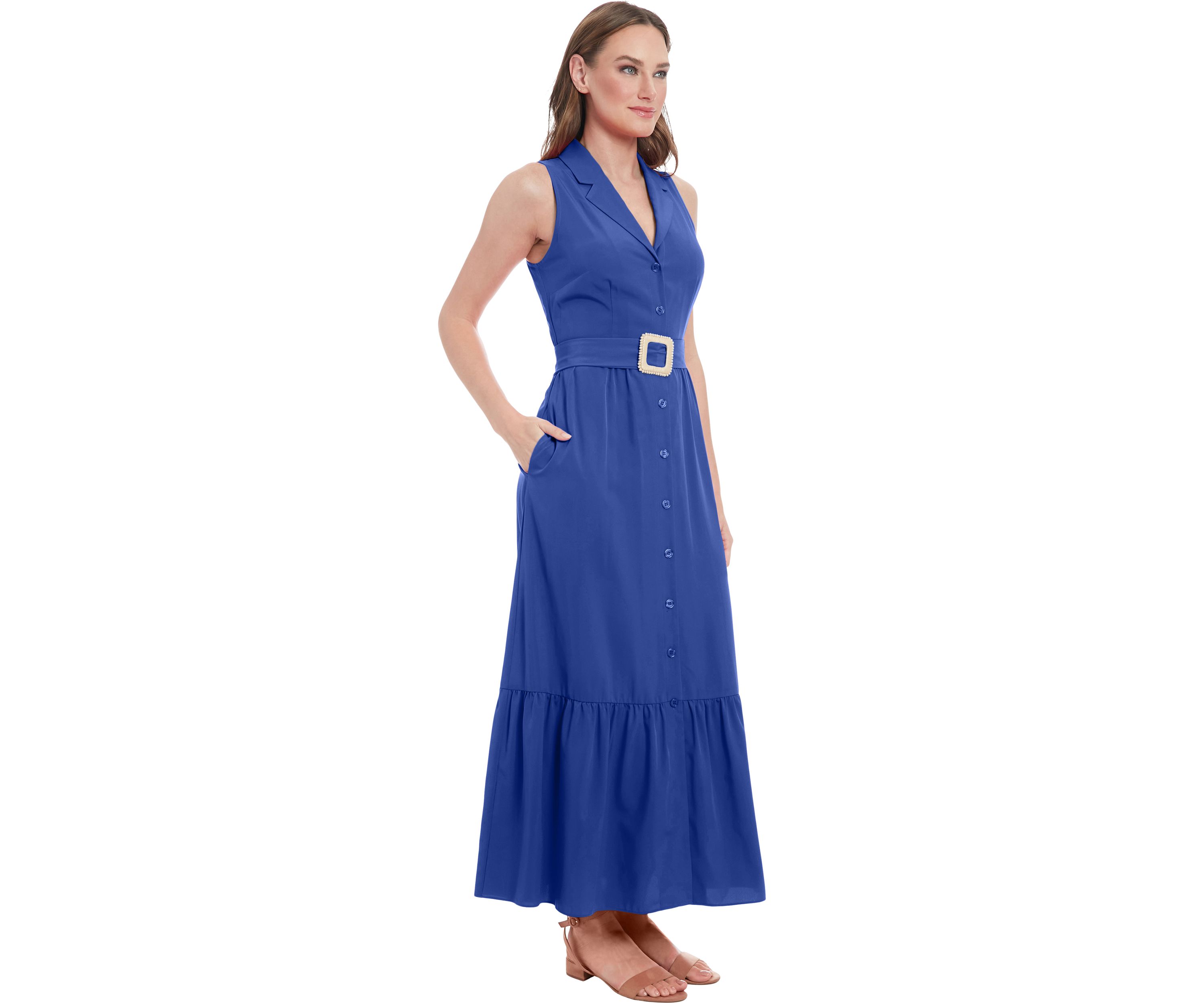 Womens Sleeveless V-Neck Belted Dress