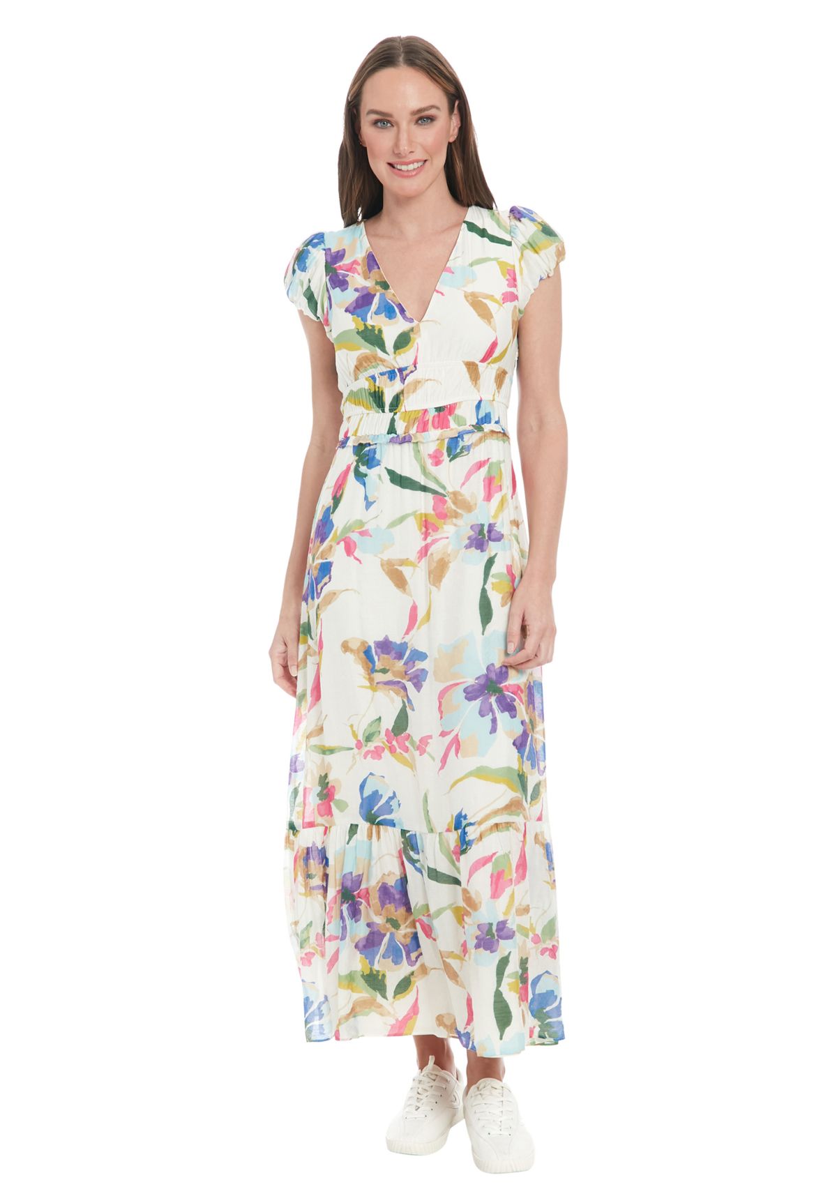 Womens V-Neck Floral Printed A-Line Maxi Dress