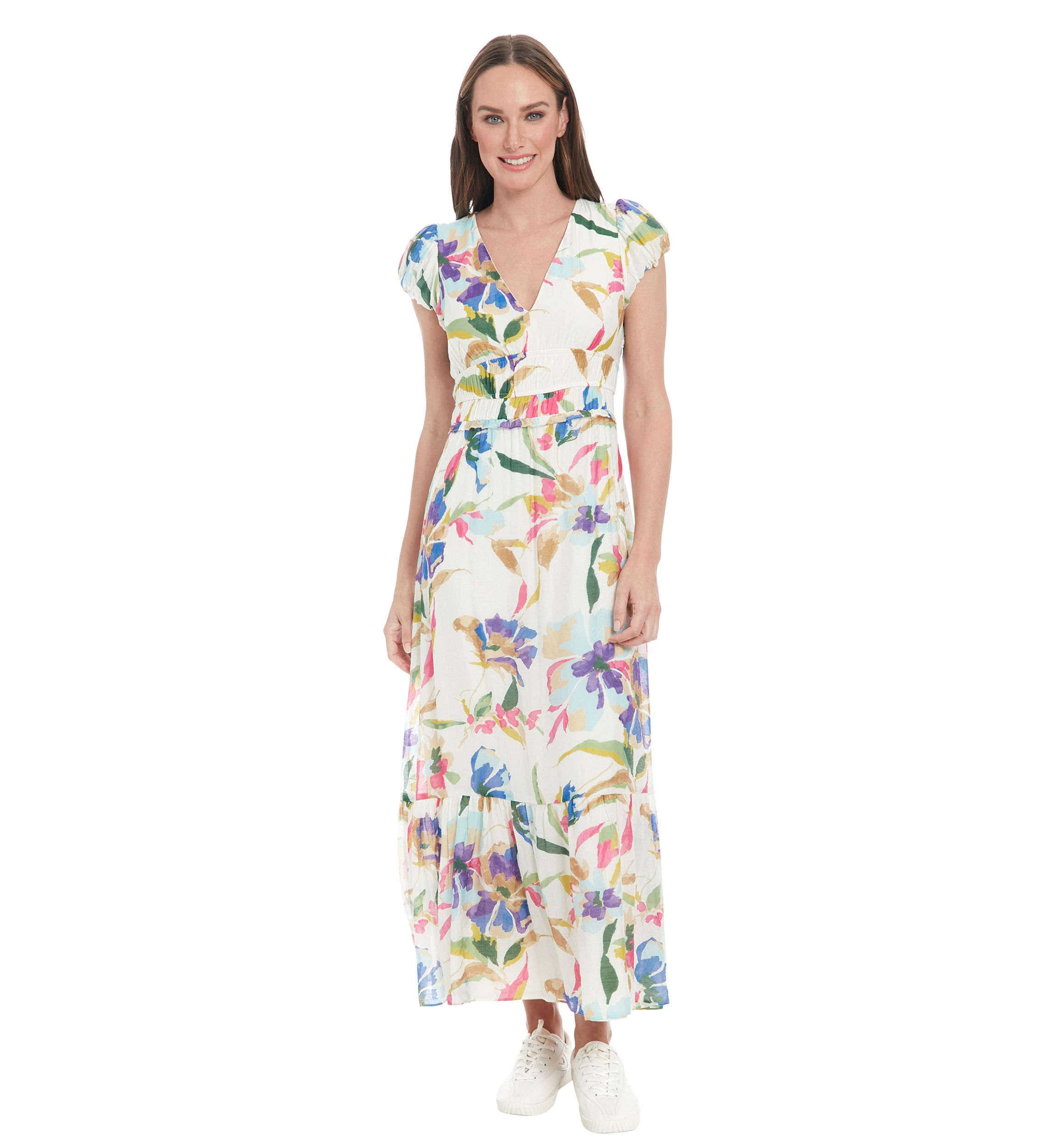 Womens V-Neck Floral Printed A-Line Maxi Dress