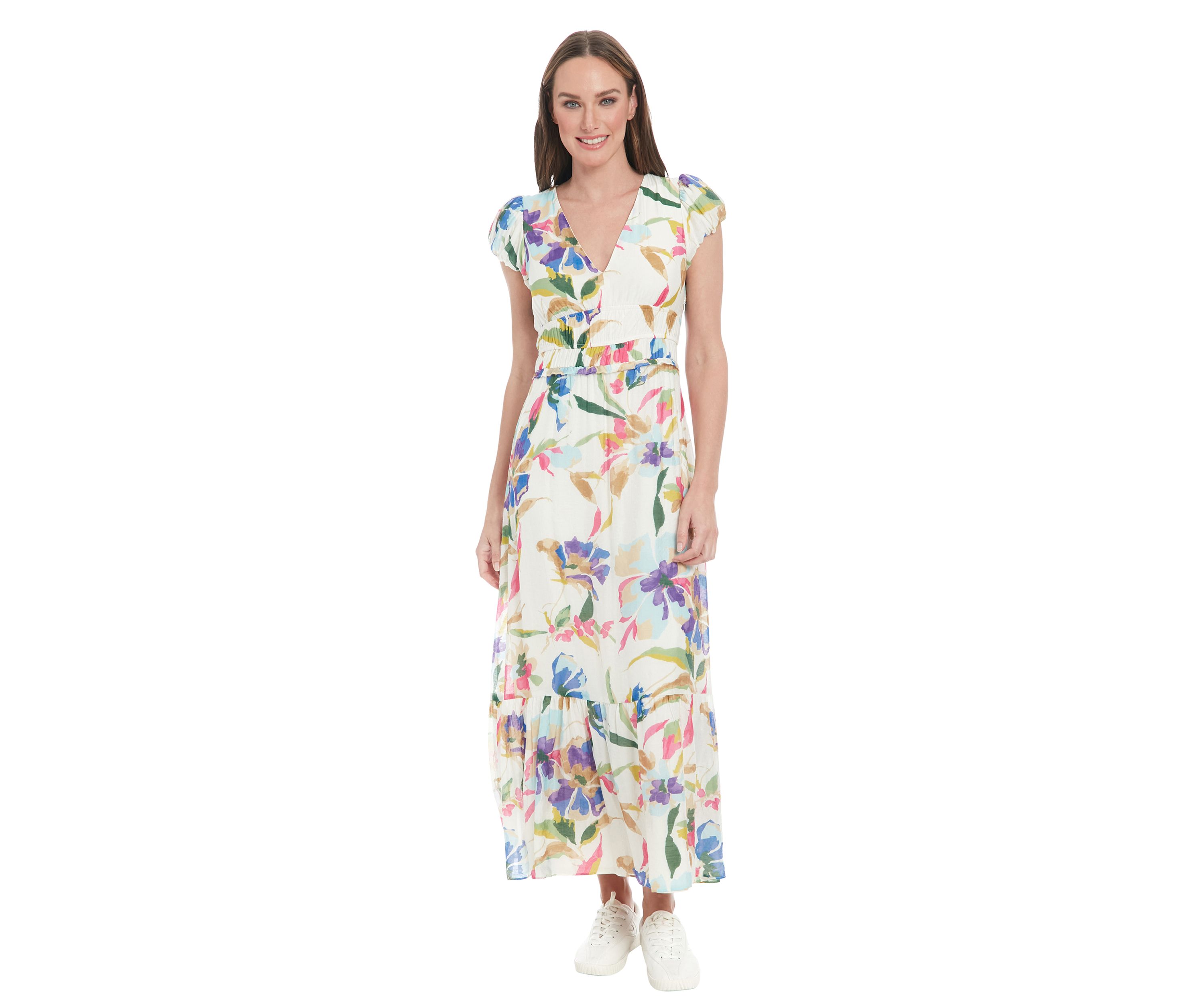 Womens V-Neck Floral Printed A-Line Maxi Dress
