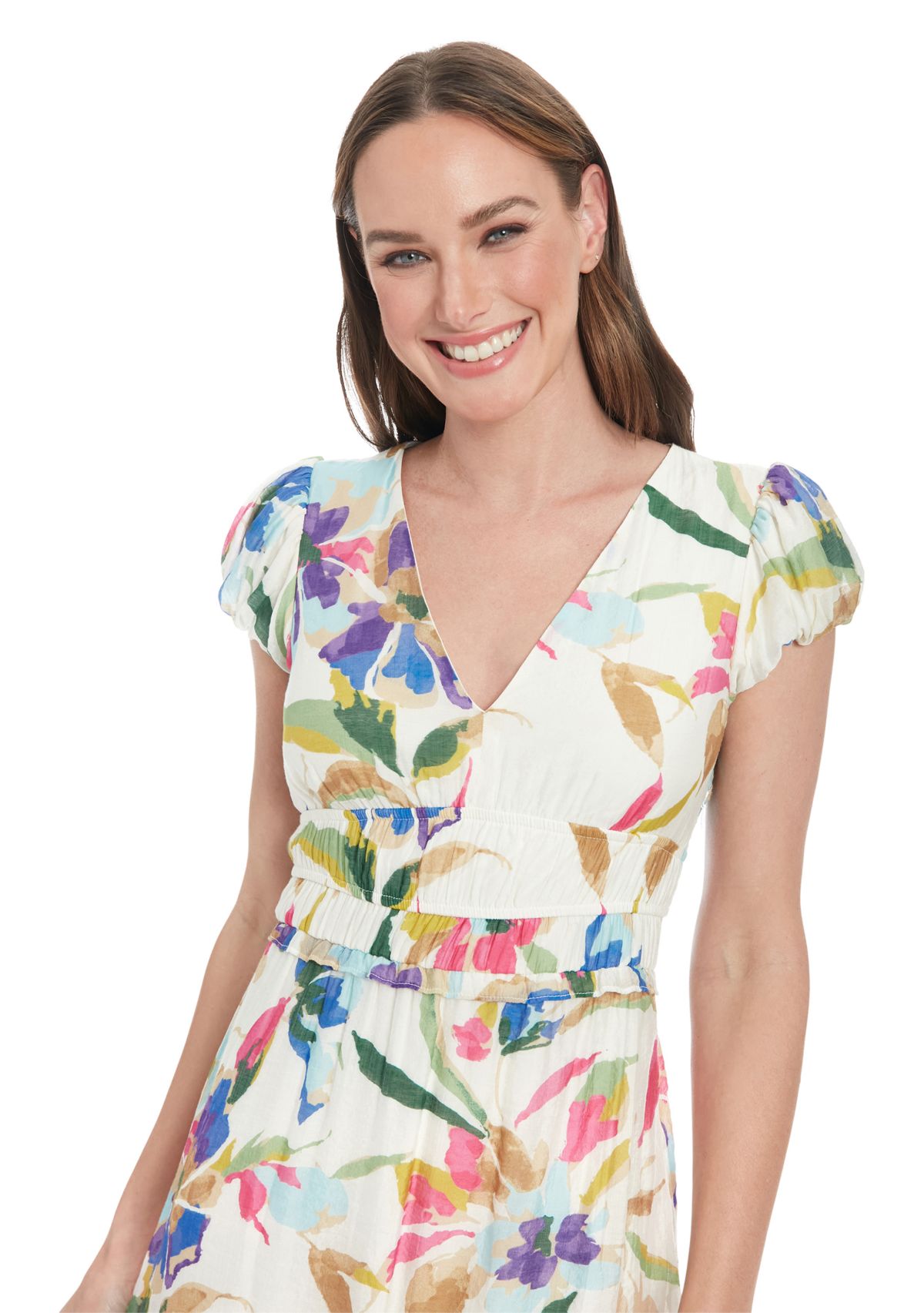 Womens V-Neck Floral Printed A-Line Maxi Dress