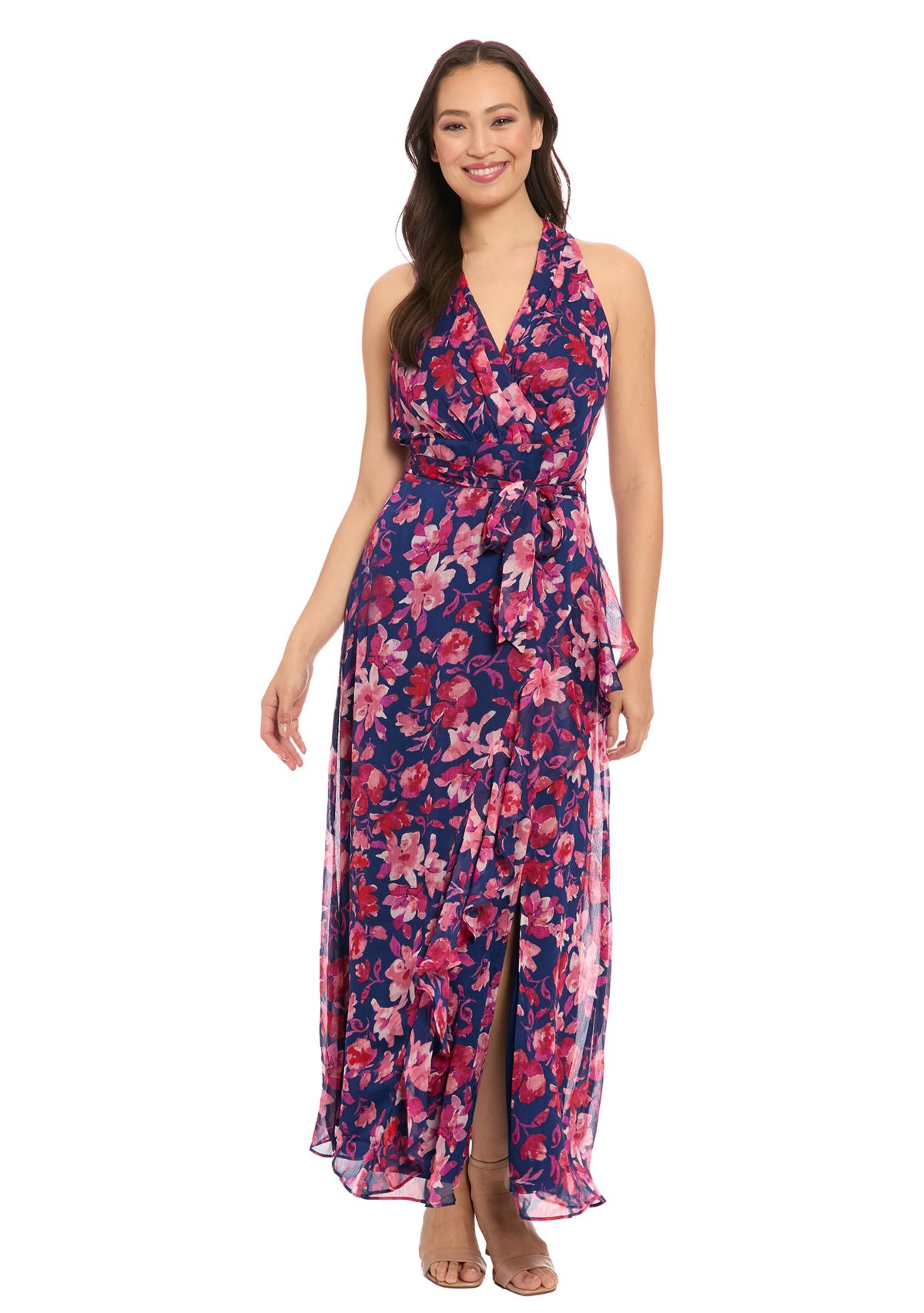 Womens Printed Yoryu Ruched Neck Halter Maxi Dress with Sash