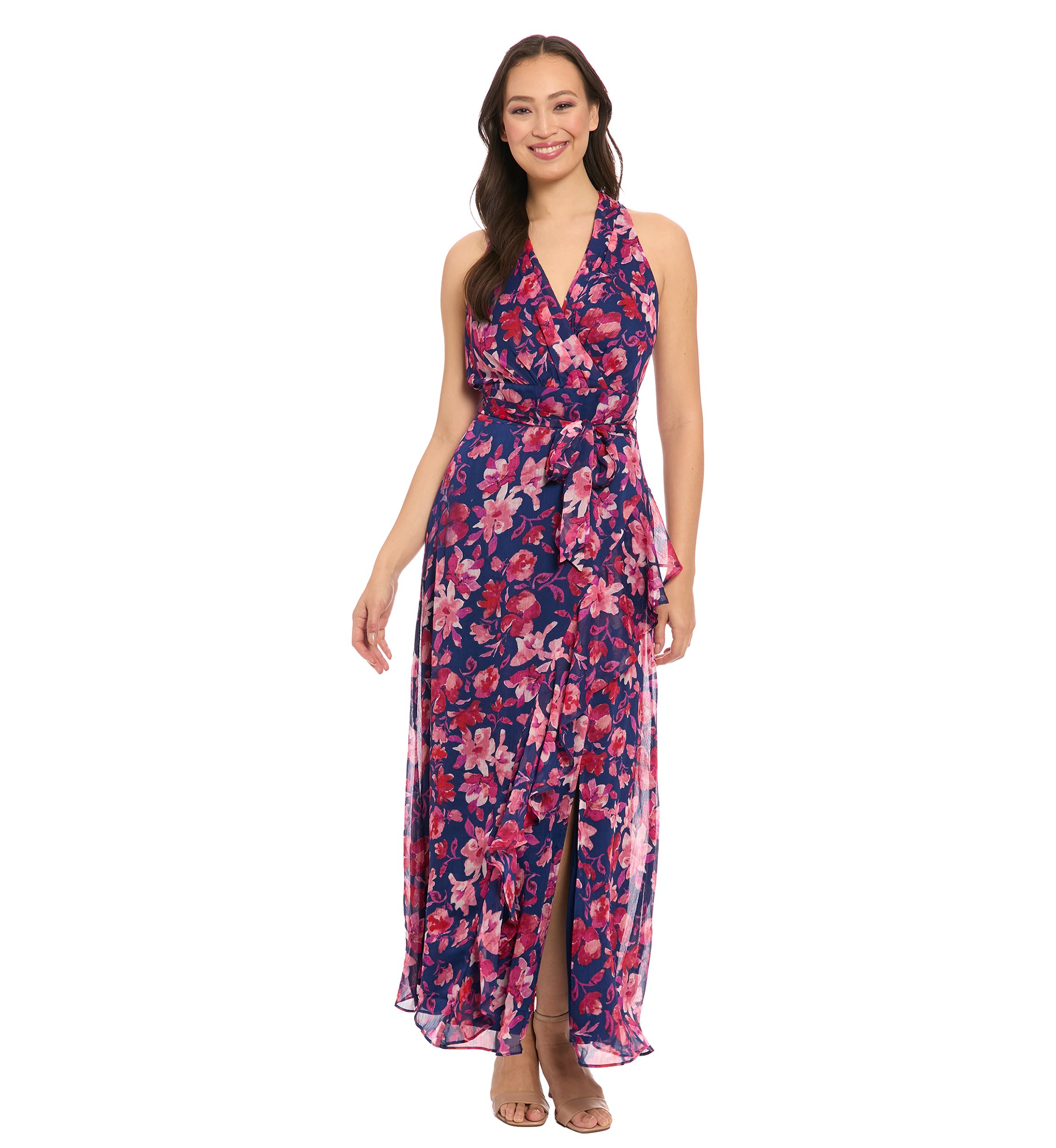Womens Printed Yoryu Ruched Neck Halter Maxi Dress with Sash