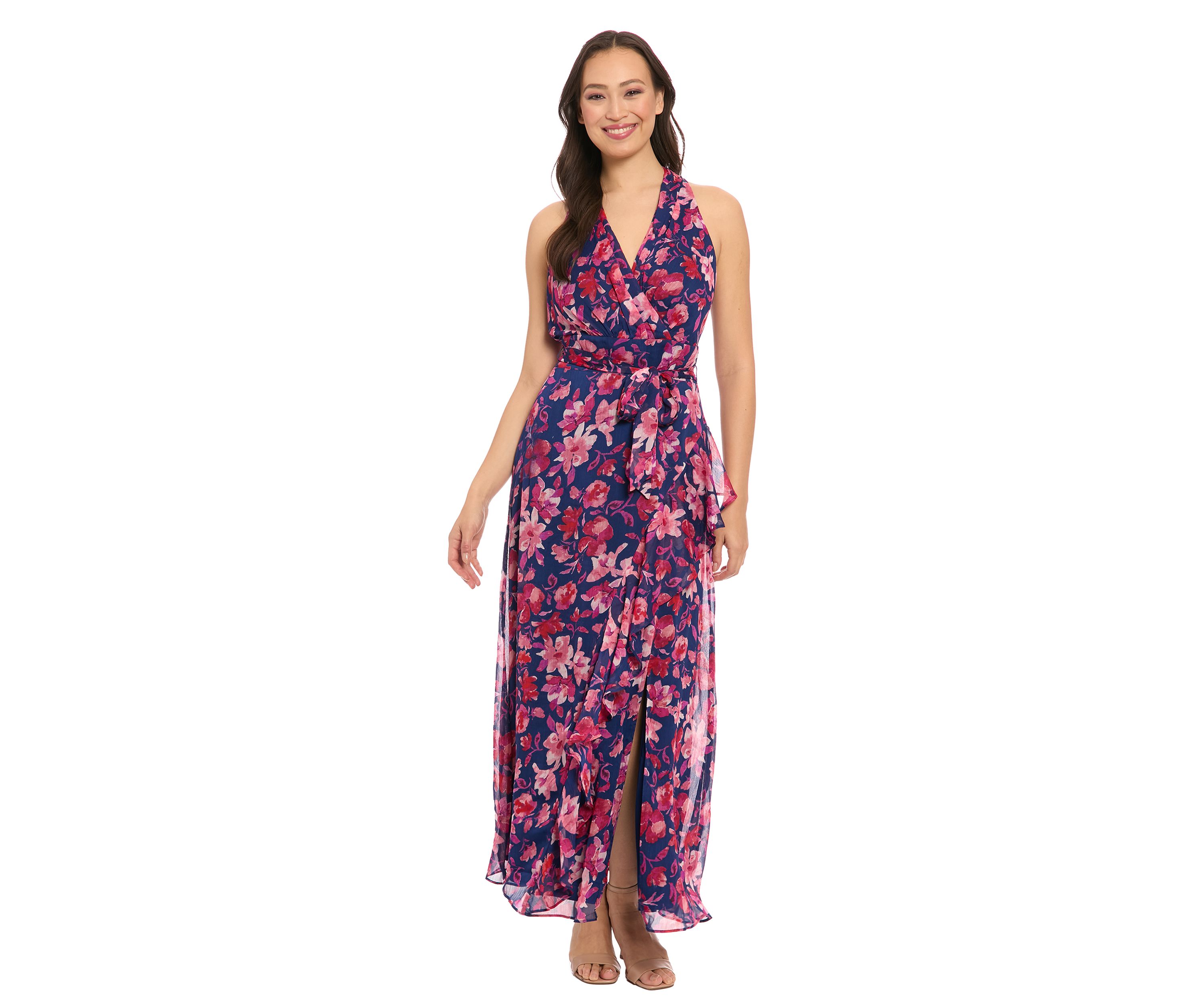 Womens Printed Yoryu Ruched Neck Halter Maxi Dress with Sash