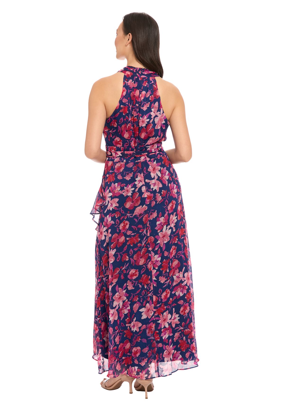 Womens Printed Yoryu Ruched Neck Halter Maxi Dress with Sash