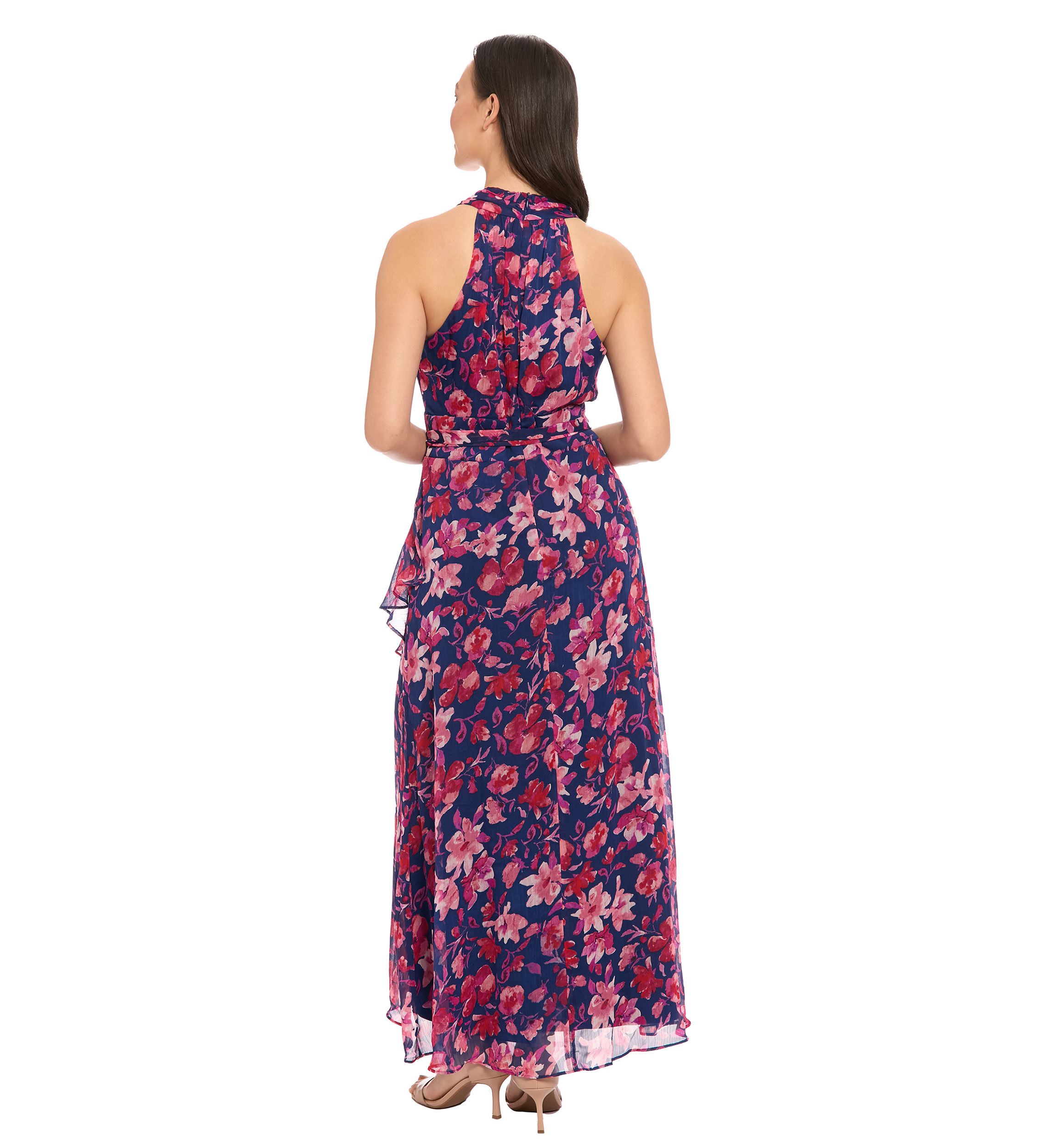 Womens Printed Yoryu Ruched Neck Halter Maxi Dress with Sash