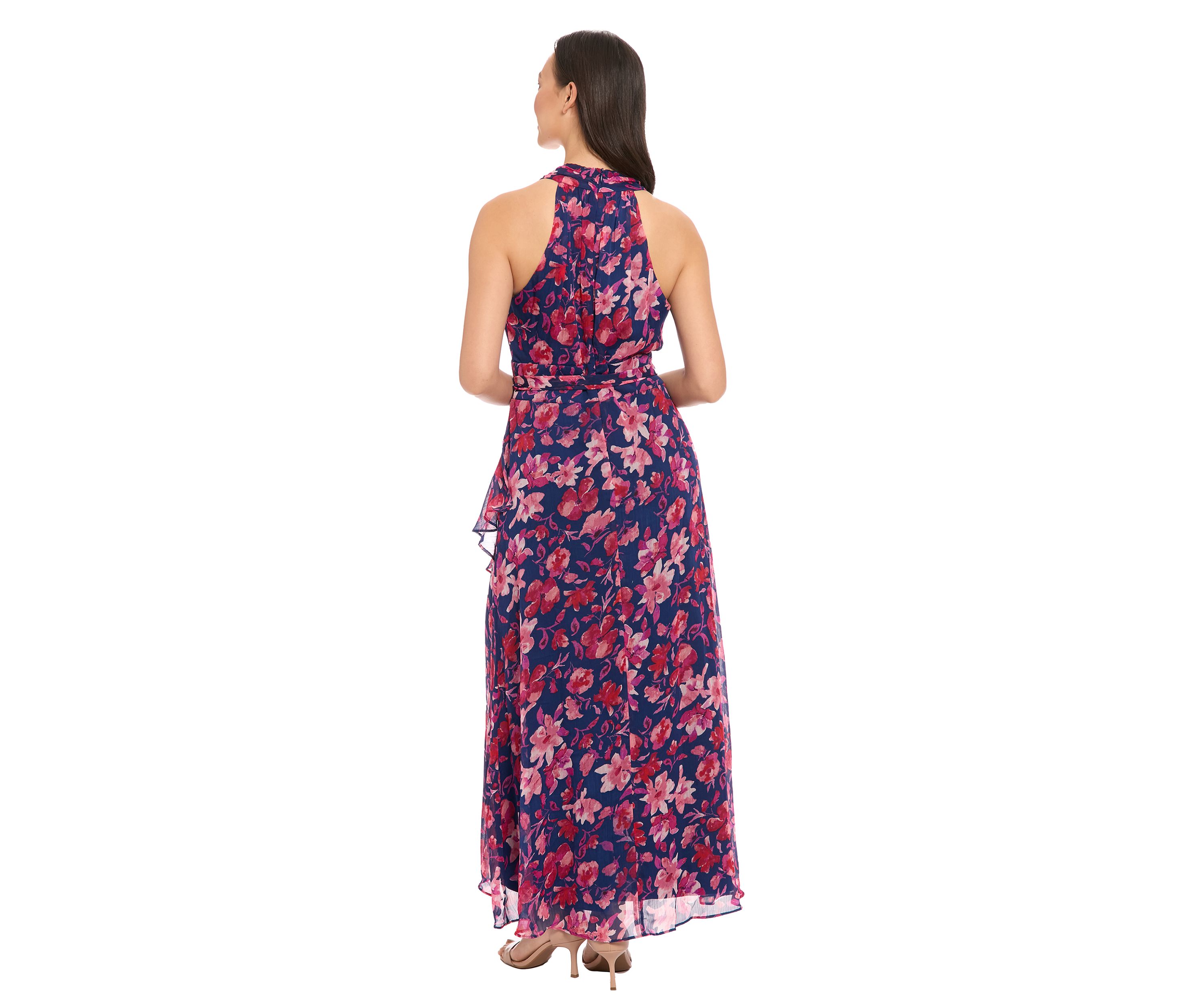 Womens Printed Yoryu Ruched Neck Halter Maxi Dress with Sash