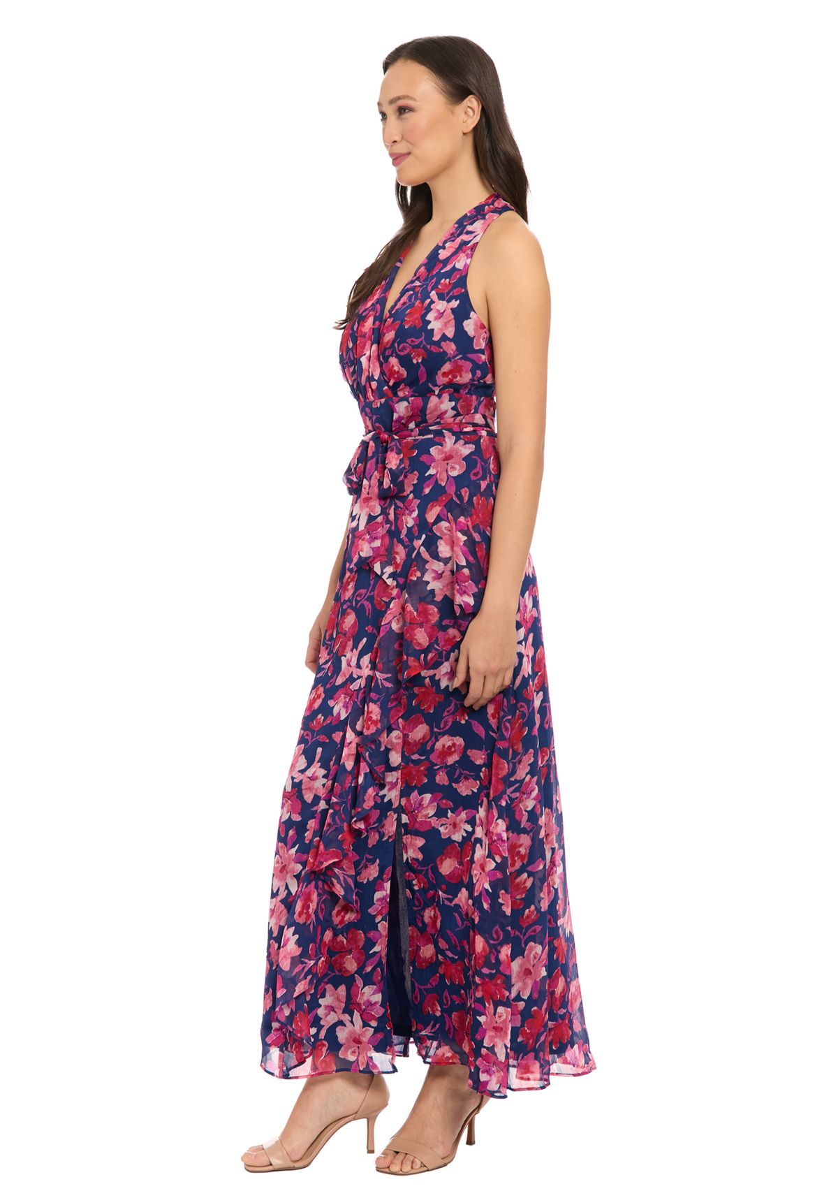 Womens Printed Yoryu Ruched Neck Halter Maxi Dress with Sash