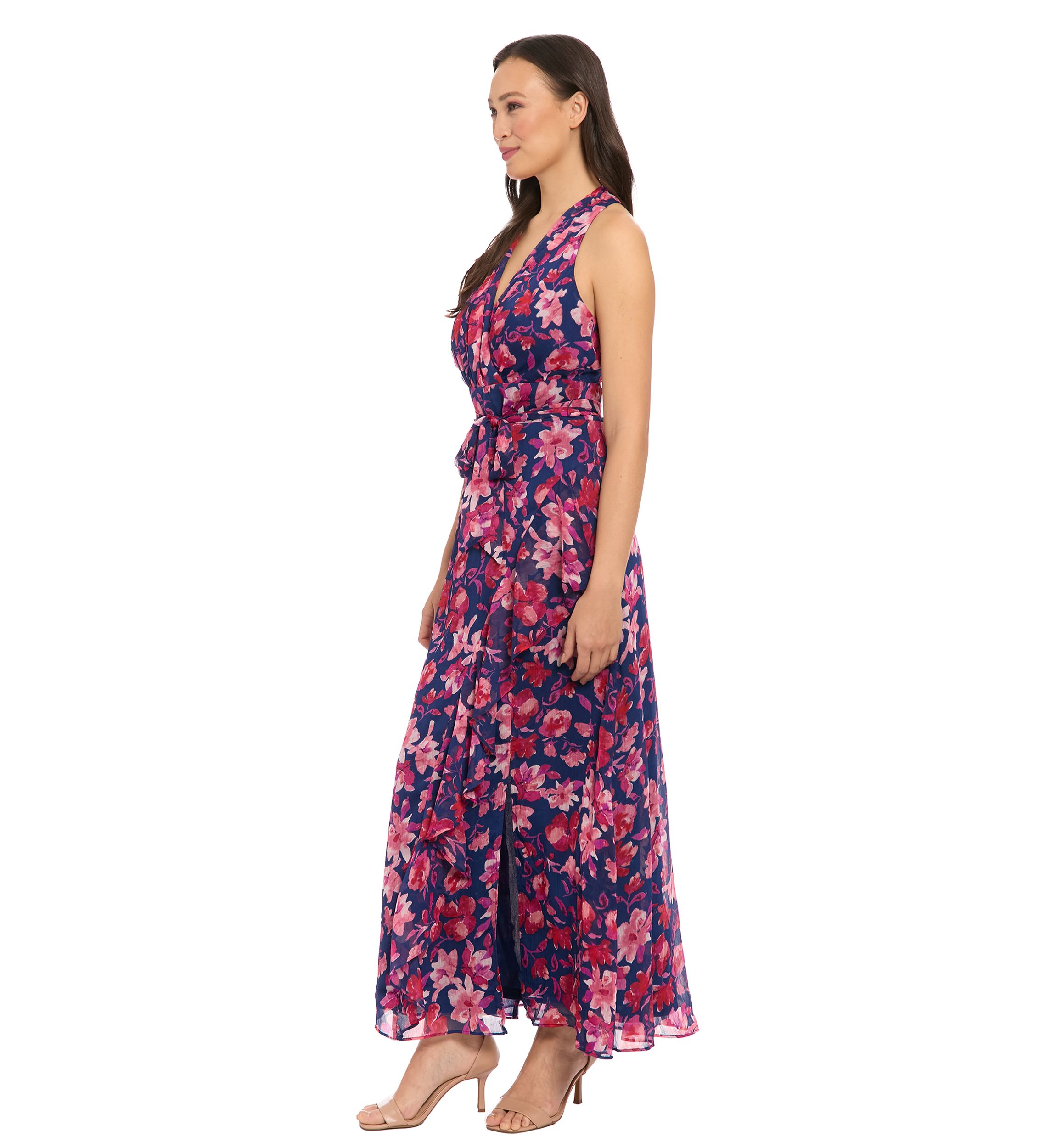 Womens Printed Yoryu Ruched Neck Halter Maxi Dress with Sash