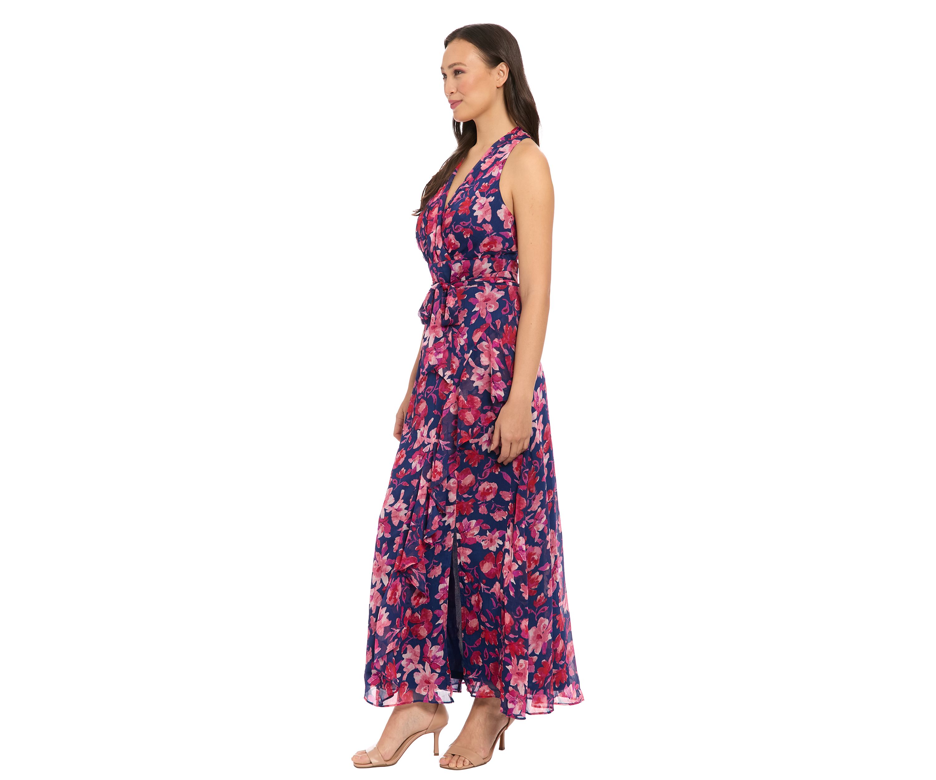 Womens Printed Yoryu Ruched Neck Halter Maxi Dress with Sash