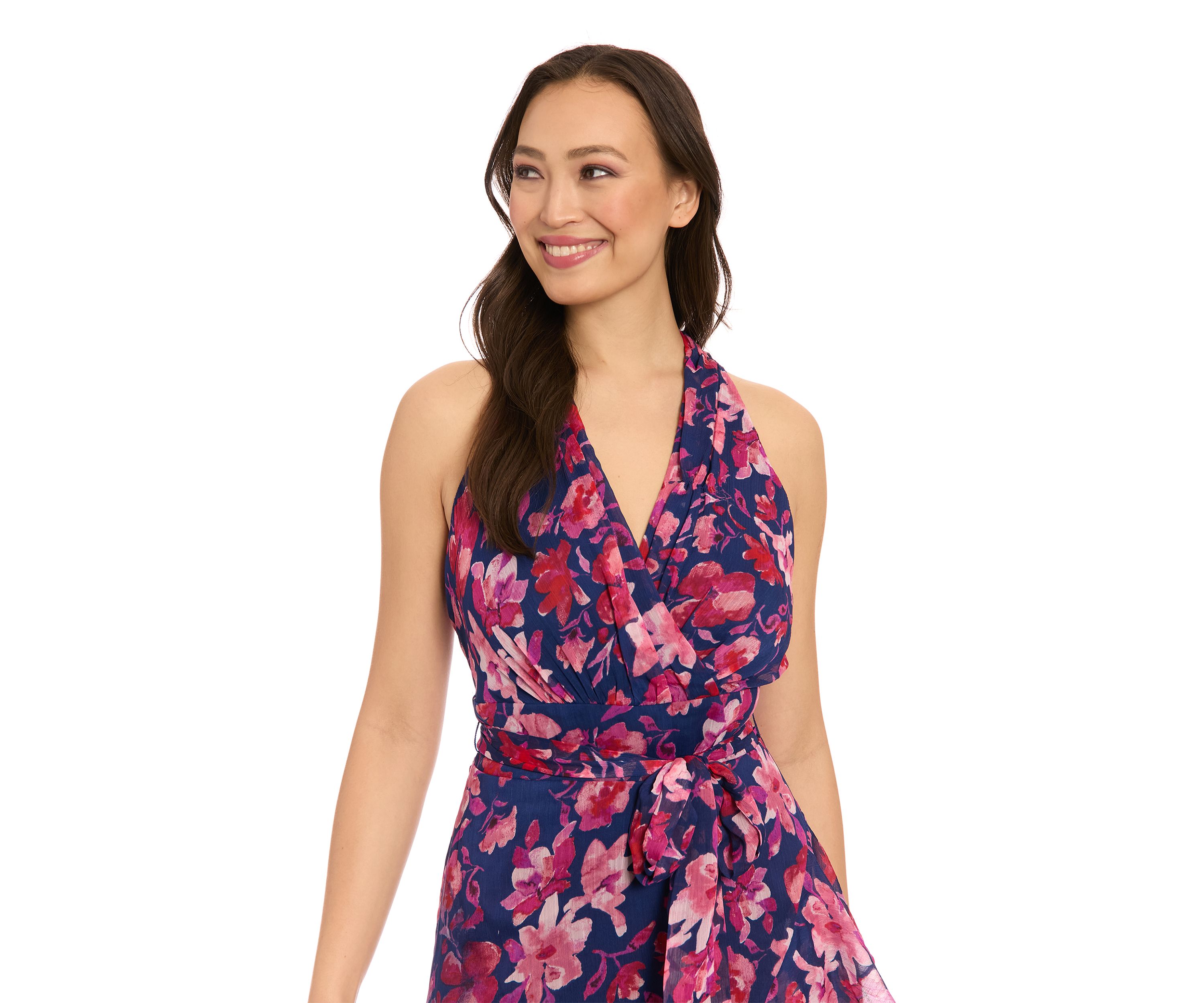 Womens Printed Yoryu Ruched Neck Halter Maxi Dress with Sash