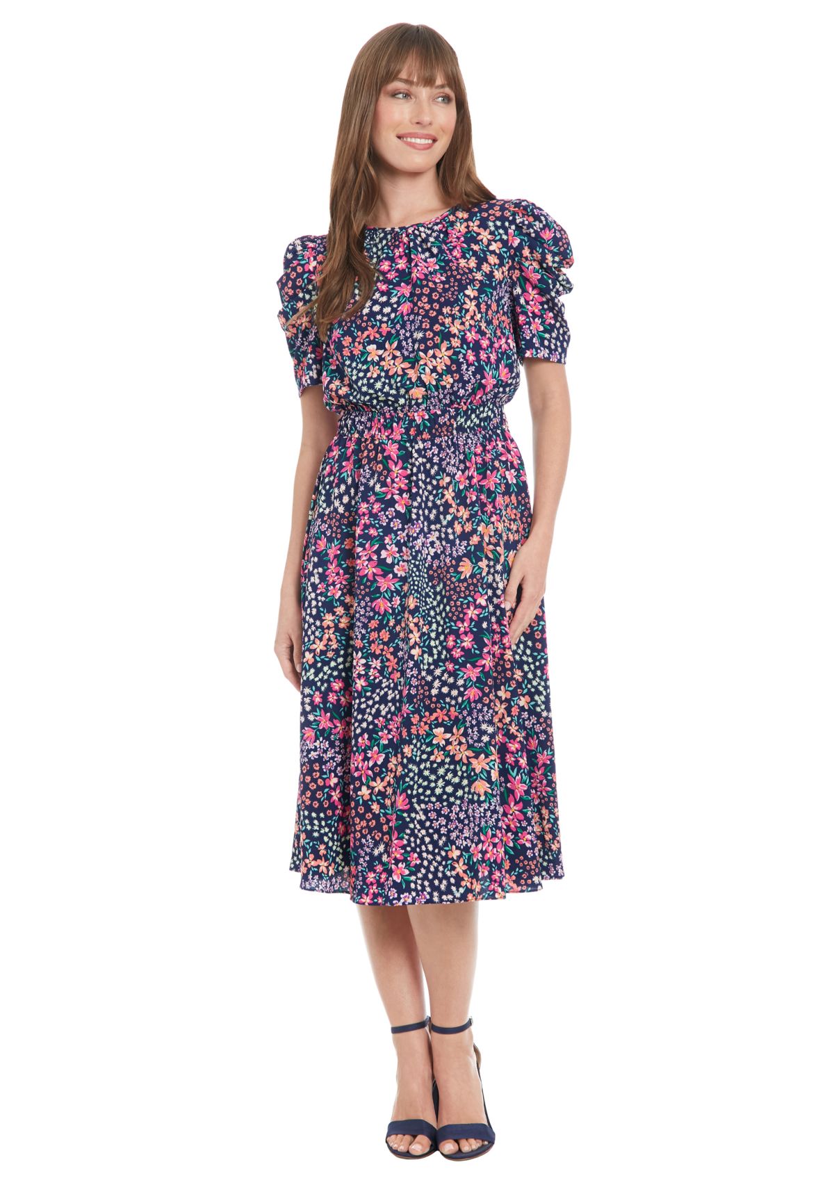 Womens Printed Bubble Crepe Shirred Jewel Neck Pleated Ruched Sleeve Midi Dress