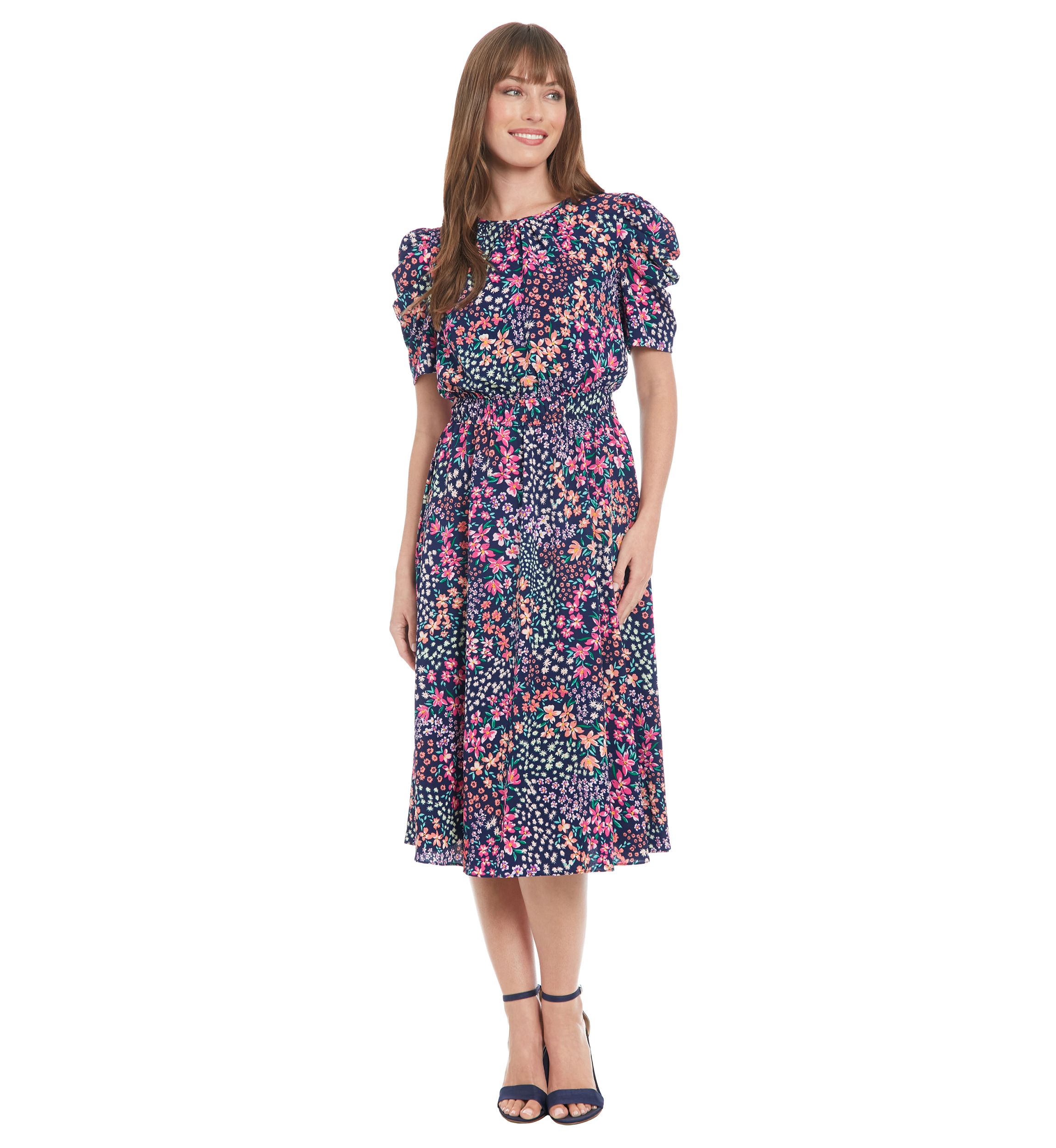 Womens Printed Bubble Crepe Shirred Jewel Neck Pleated Ruched Sleeve Midi Dress