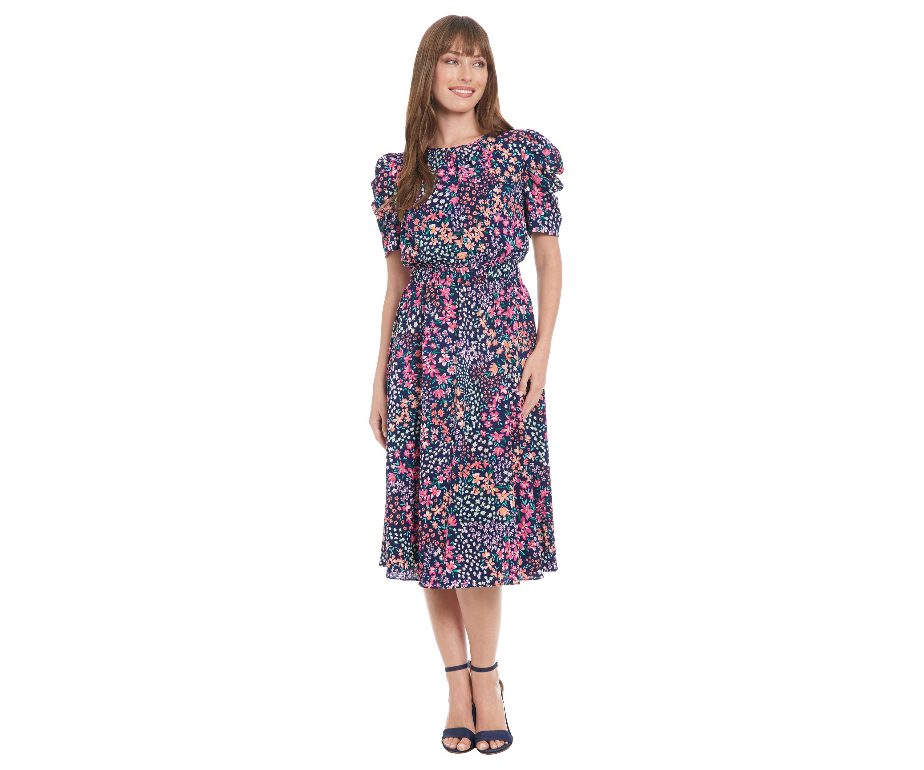 Womens Printed Bubble Crepe Shirred Jewel Neck Pleated Ruched Sleeve Midi Dress