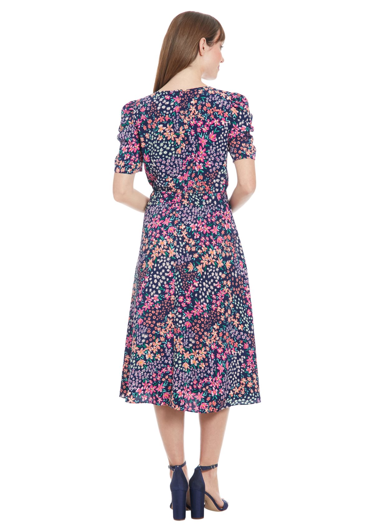 Womens Printed Bubble Crepe Shirred Jewel Neck Pleated Ruched Sleeve Midi Dress