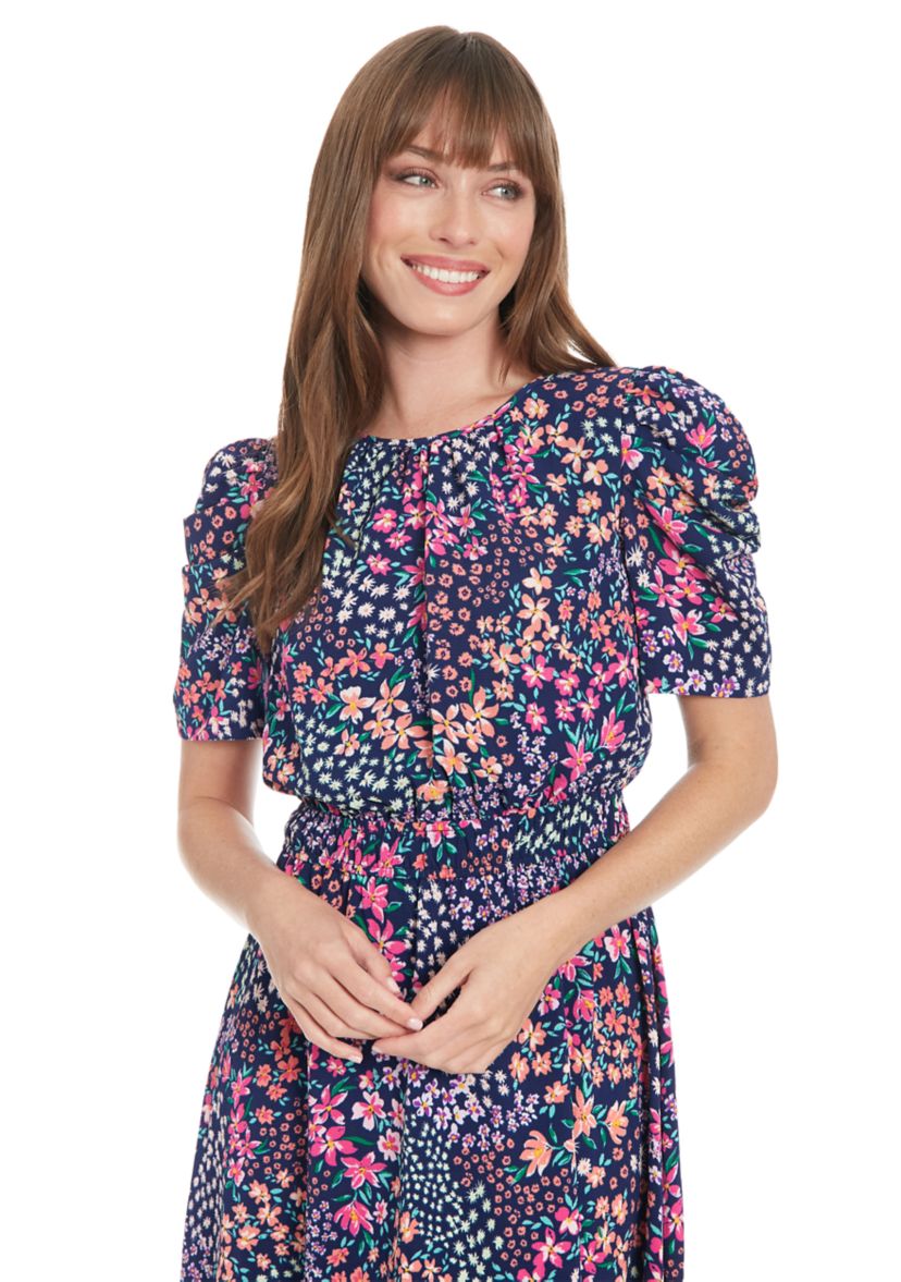 Womens Printed Bubble Crepe Shirred Jewel Neck Pleated Ruched Sleeve Midi Dress