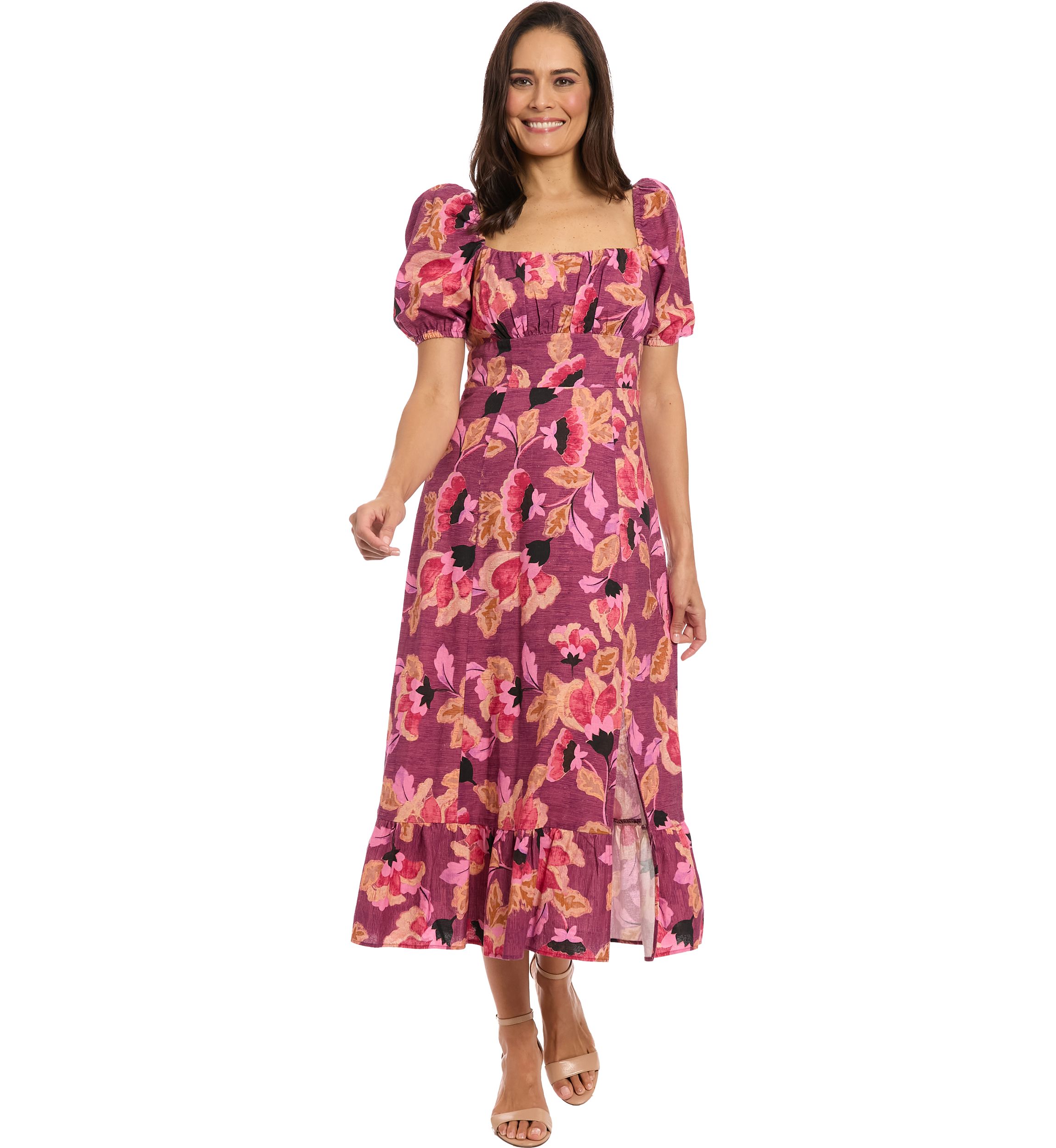 Womens Short Sleeve Square Neck Floral Print Midi Dress