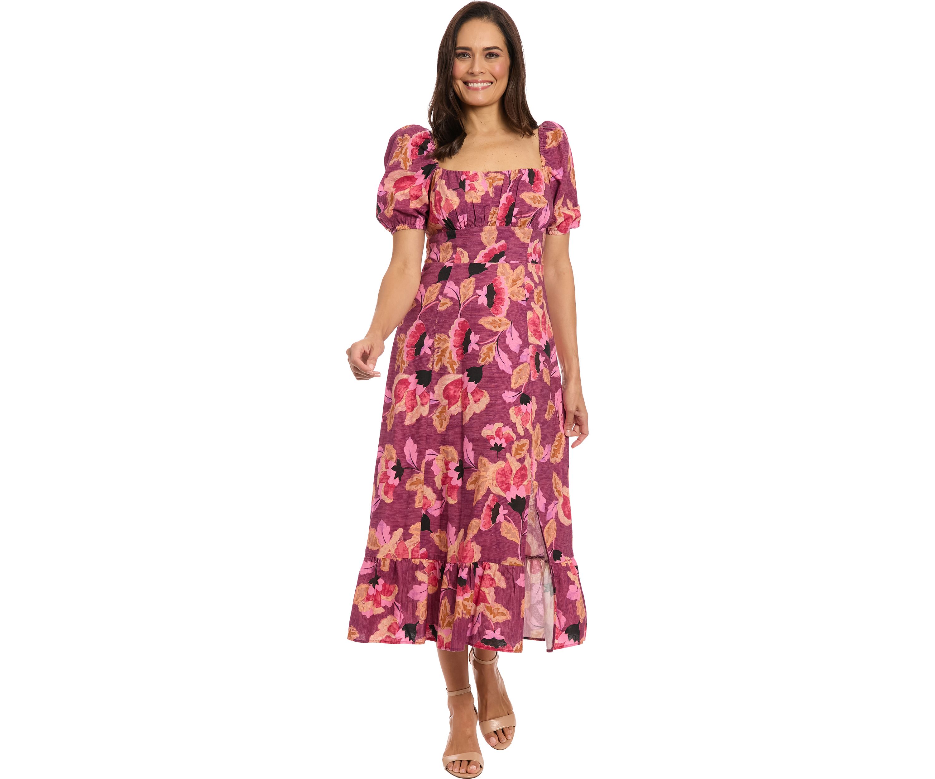 Womens Short Sleeve Square Neck Floral Print Midi Dress