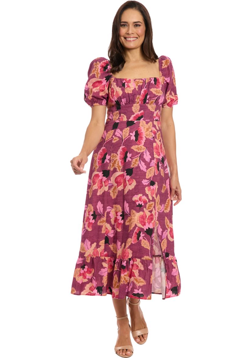 Womens Short Sleeve Square Neck Floral Print Midi Dress