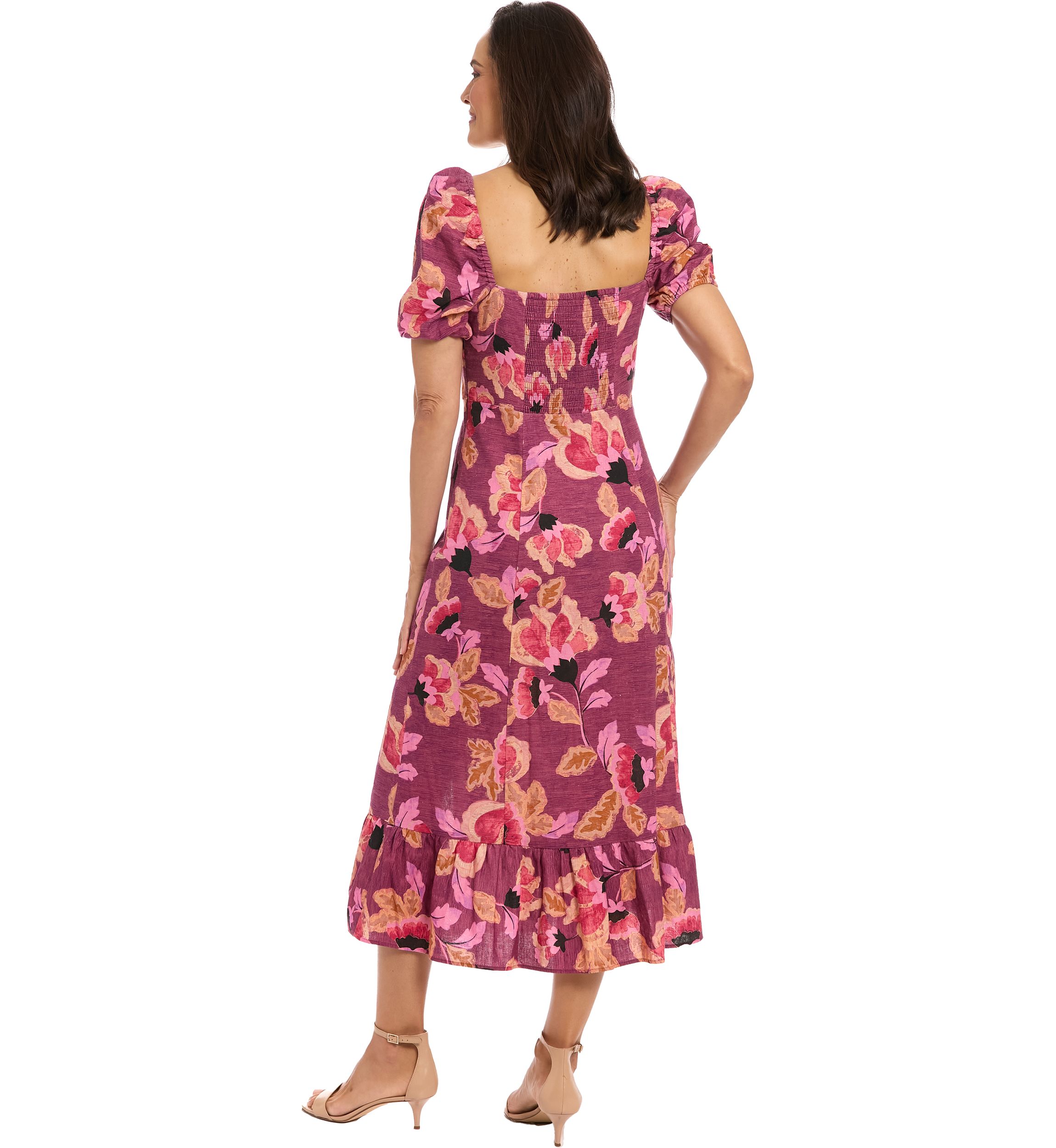 Womens Short Sleeve Square Neck Floral Print Midi Dress
