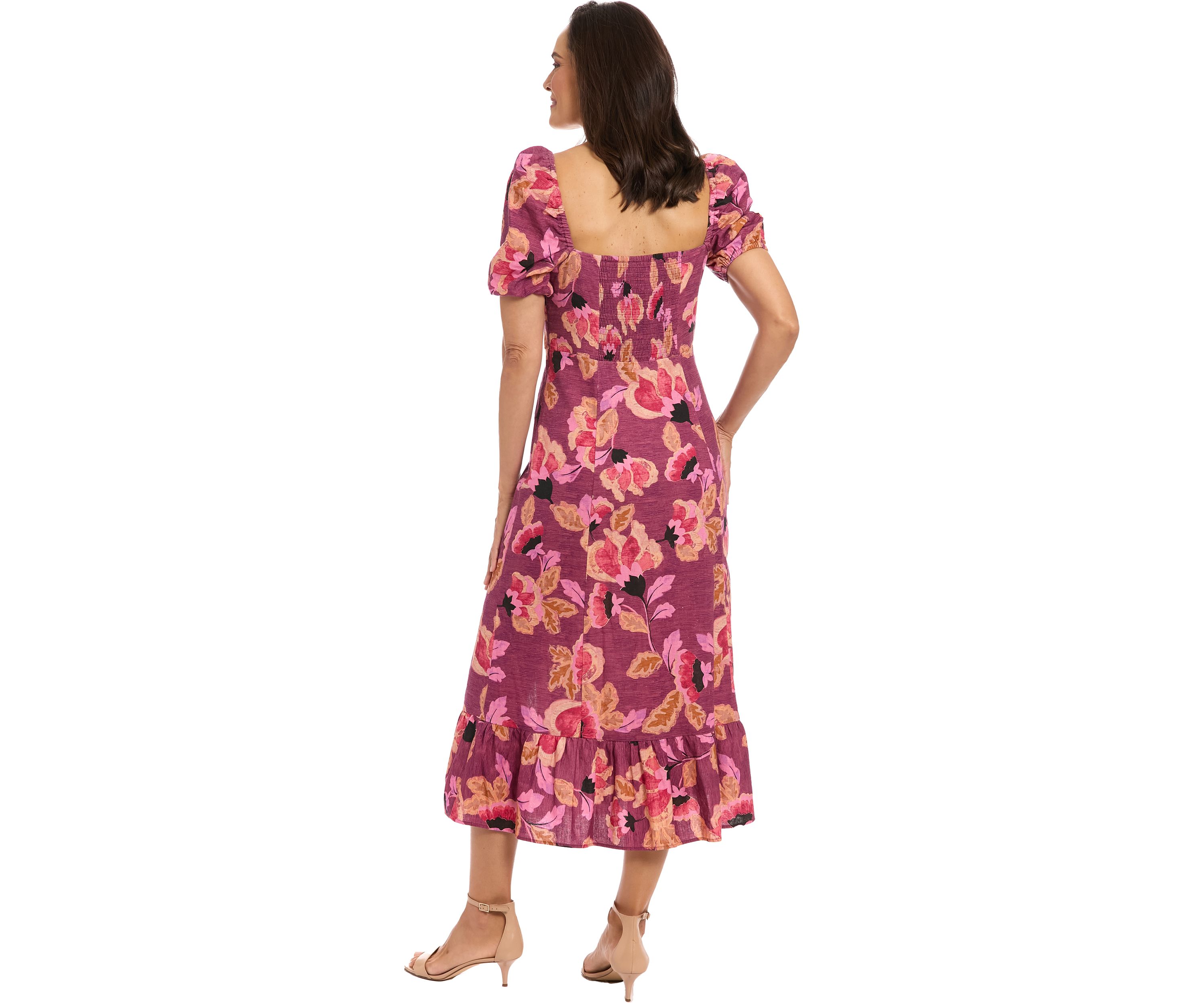 Womens Short Sleeve Square Neck Floral Print Midi Dress