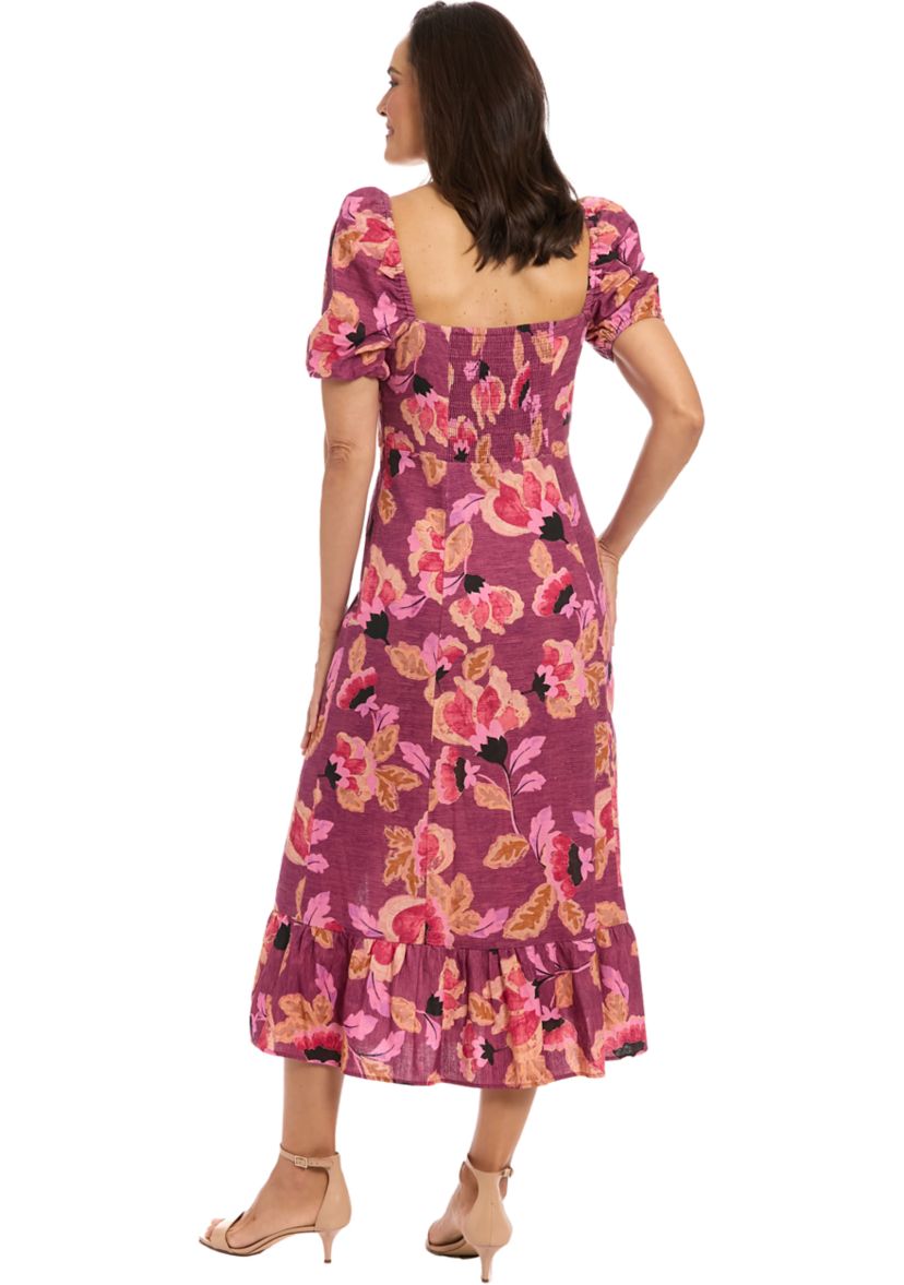 Womens Short Sleeve Square Neck Floral Print Midi Dress