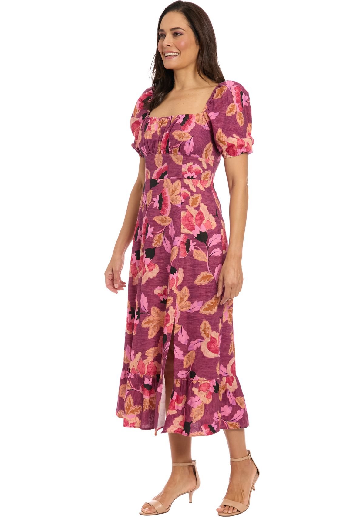 Womens Short Sleeve Square Neck Floral Print Midi Dress