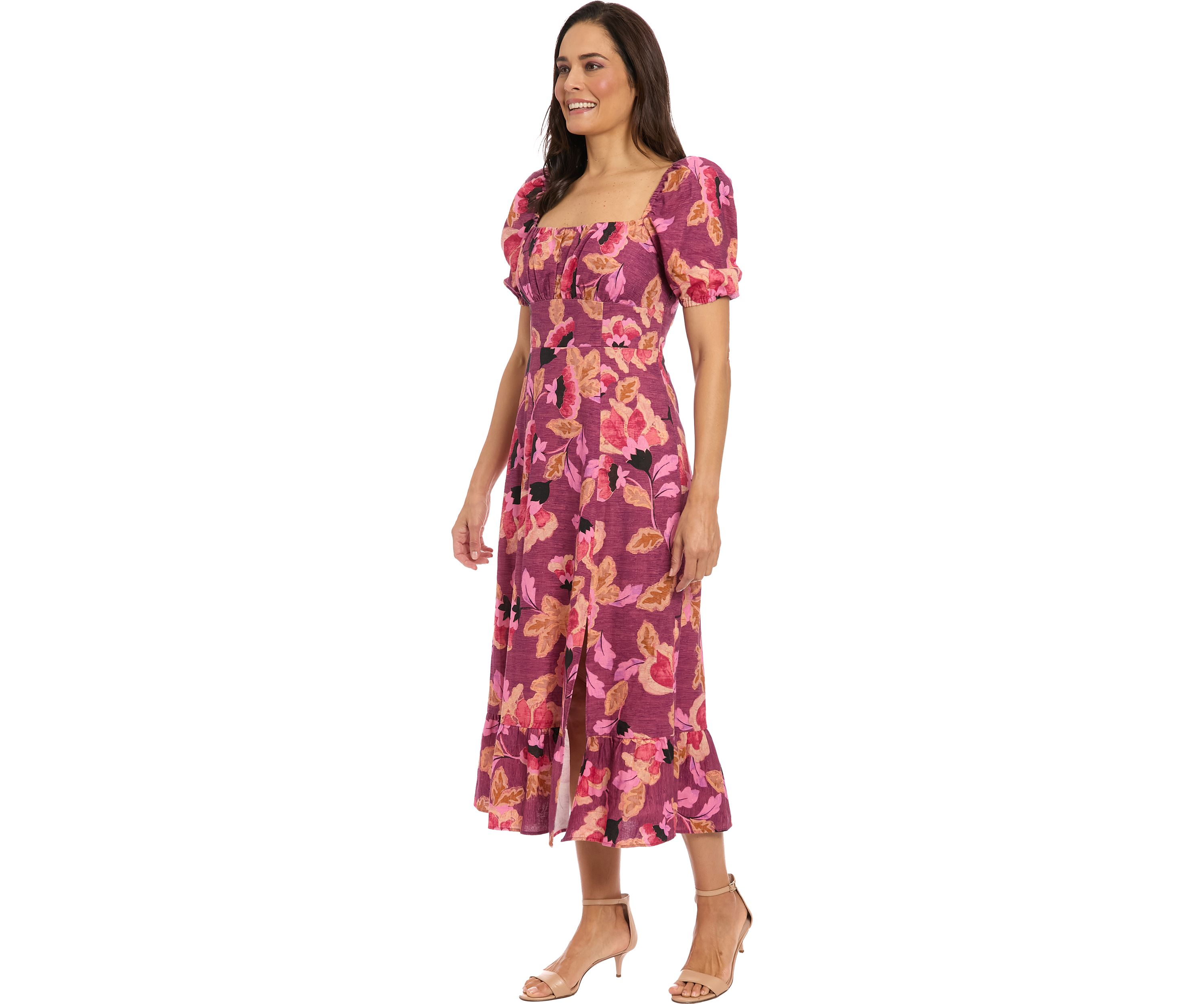 Womens Short Sleeve Square Neck Floral Print Midi Dress