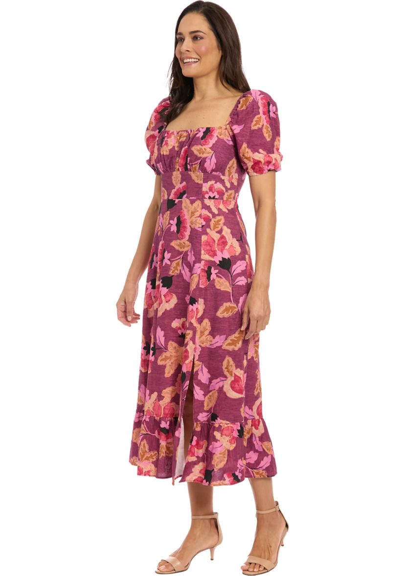 Womens Short Sleeve Square Neck Floral Print Midi Dress
