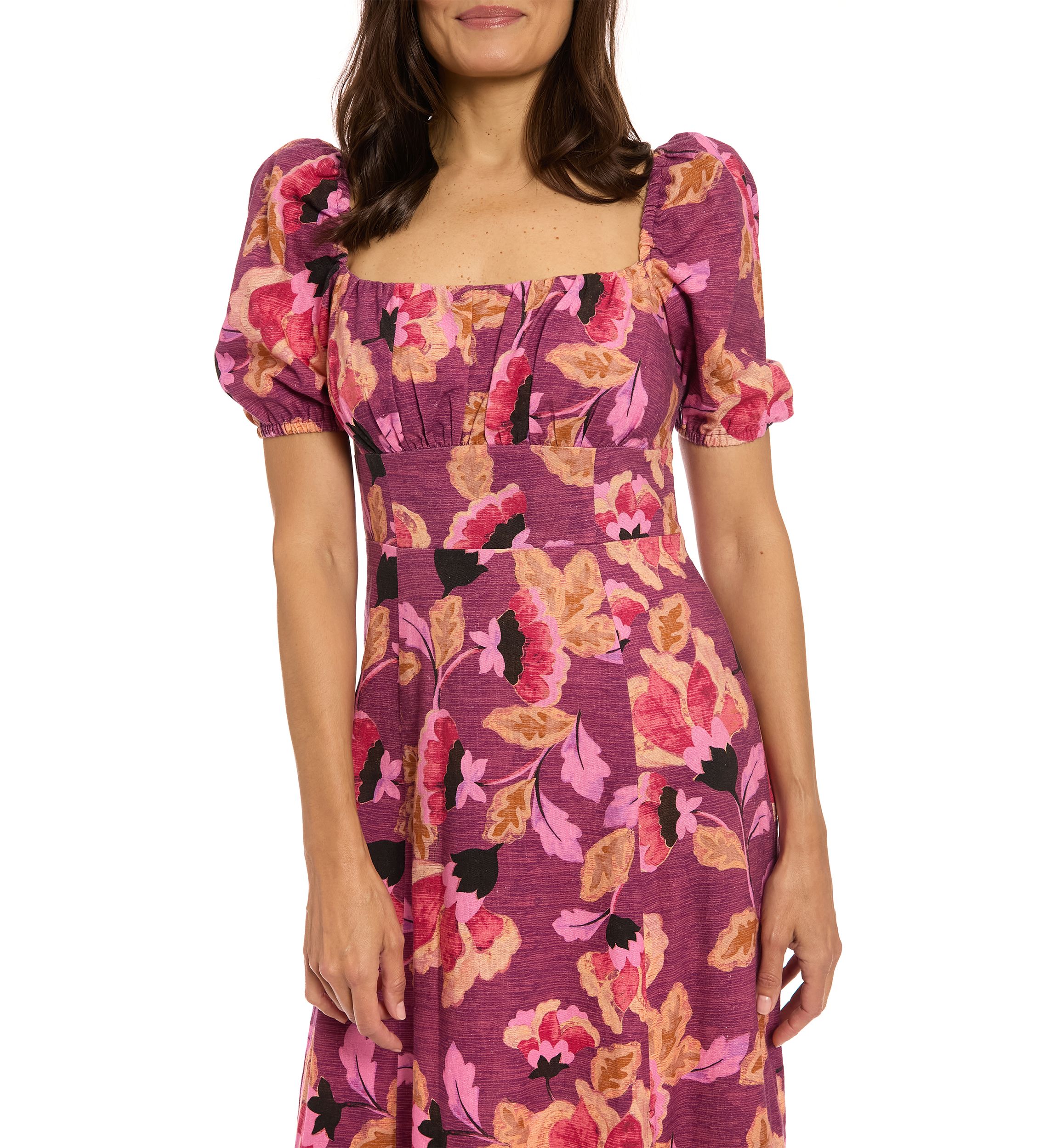 Womens Short Sleeve Square Neck Floral Print Midi Dress