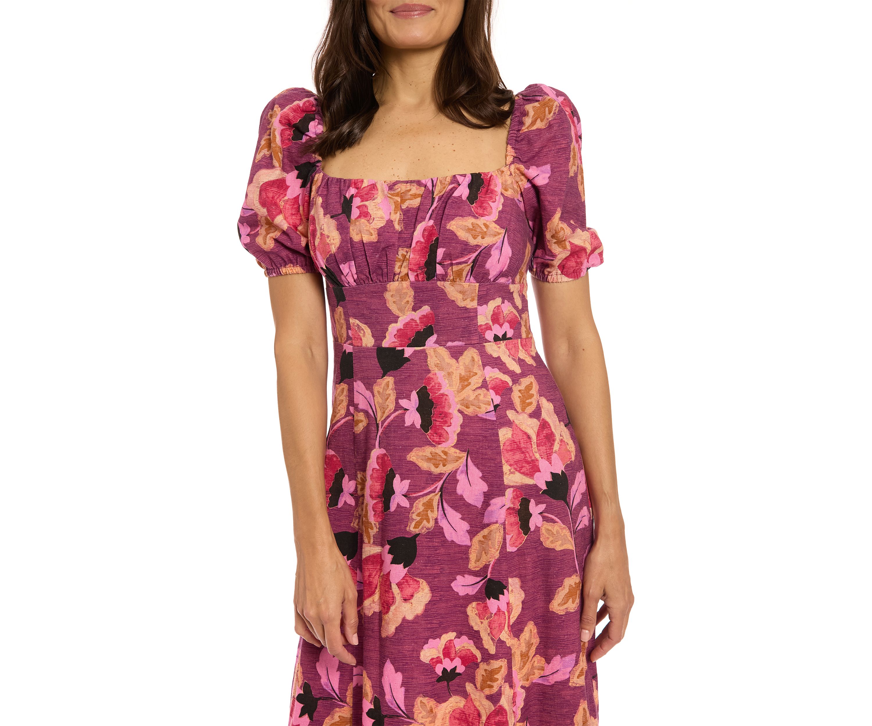 Womens Short Sleeve Square Neck Floral Print Midi Dress