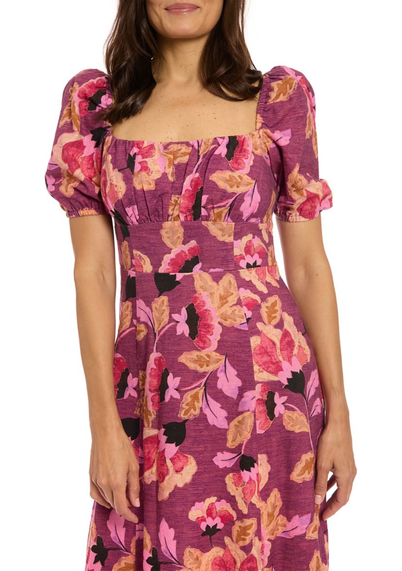 Womens Short Sleeve Square Neck Floral Print Midi Dress