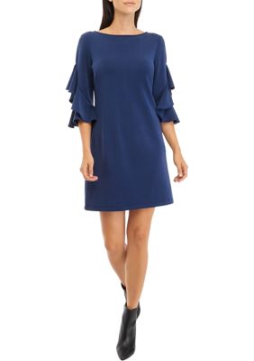 Women's Boat Neck Bell Sleeve Solid A-Line Dress