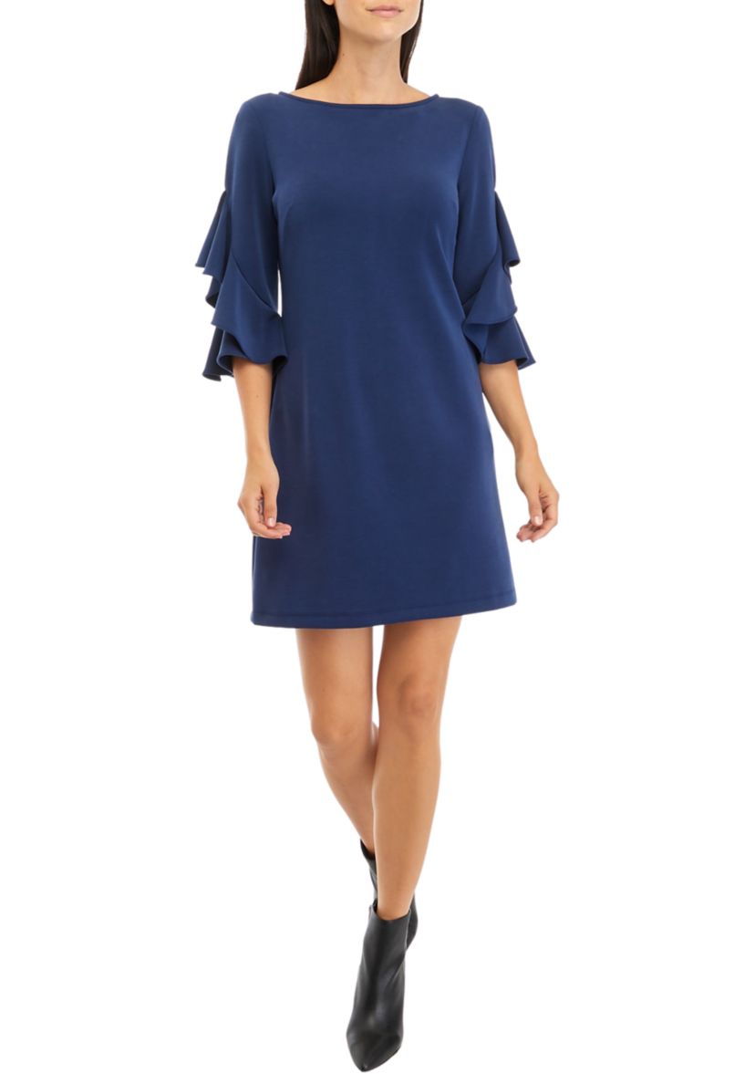 Womens Boat Neck Bell Sleeve Solid A-Line Dress