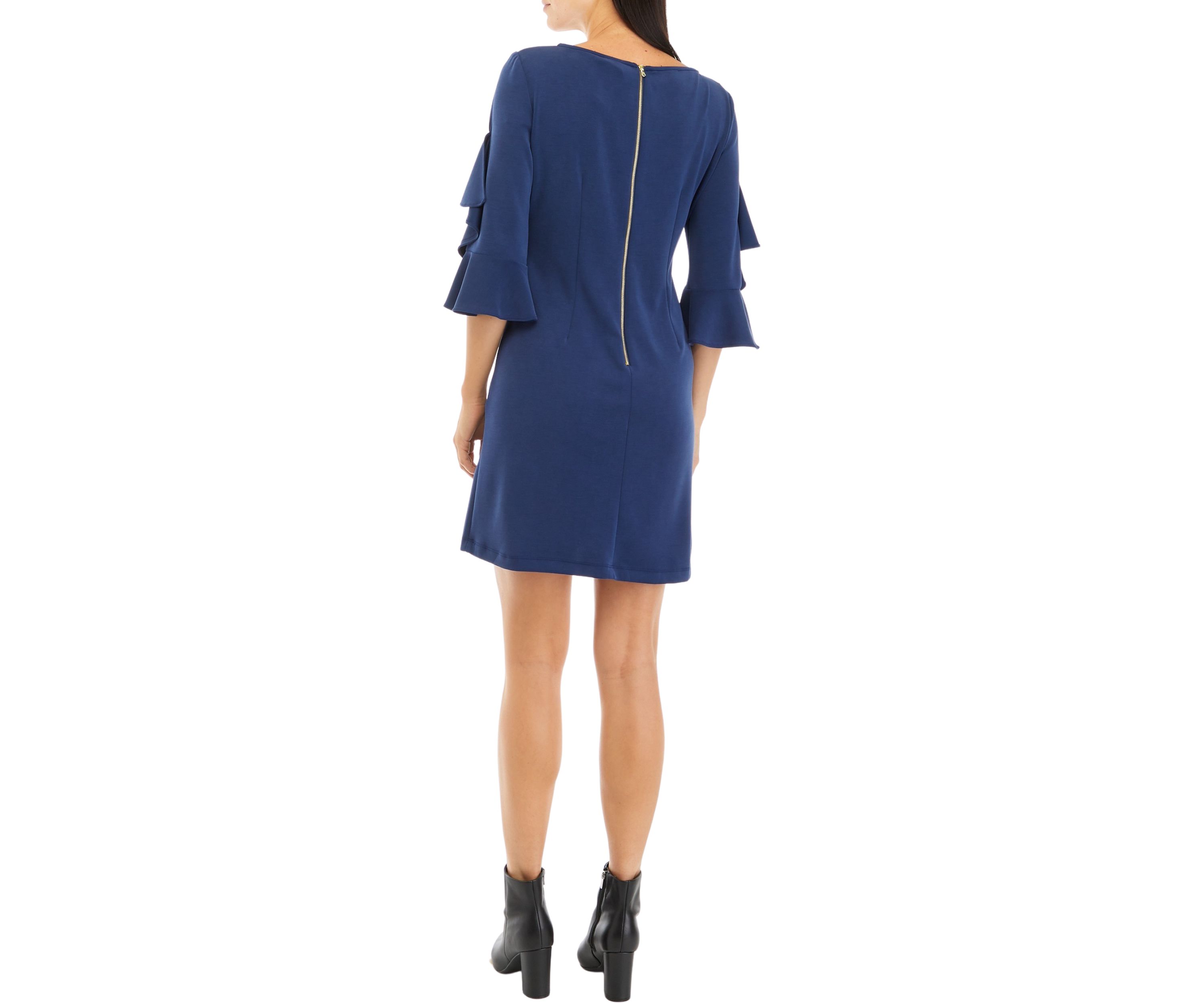 Womens Boat Neck Bell Sleeve Solid A-Line Dress