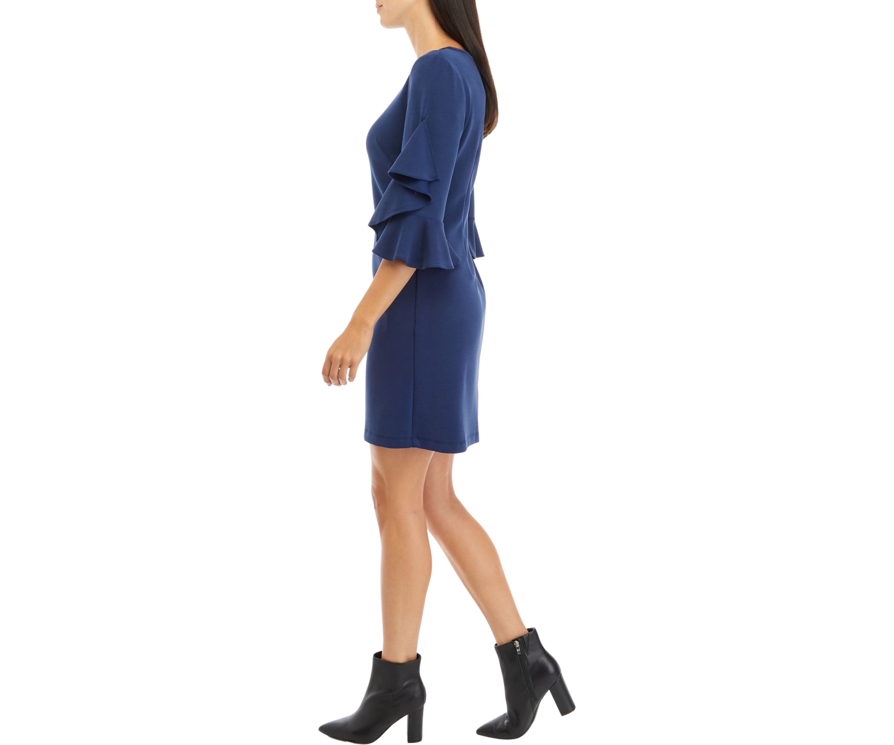 Womens Boat Neck Bell Sleeve Solid A-Line Dress